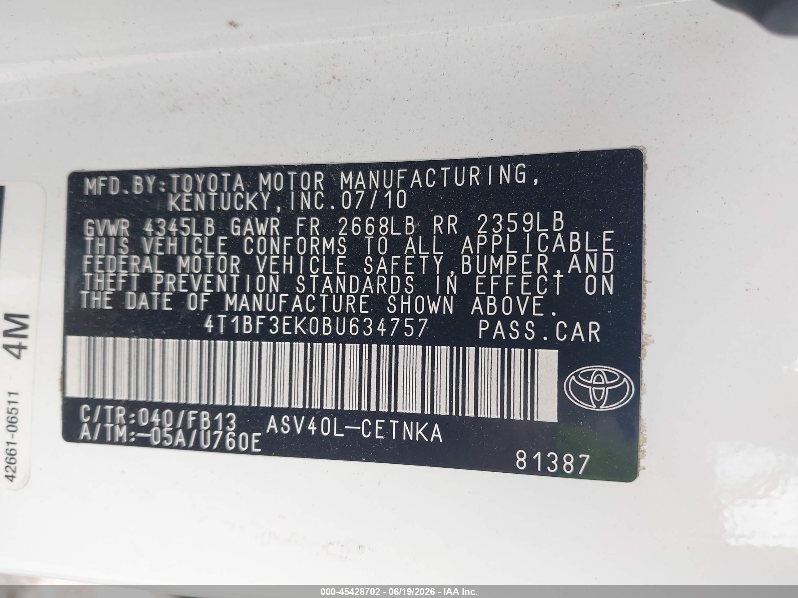 2011 Toyota Camry Le White vin: 4T1BF3EK0BU634757