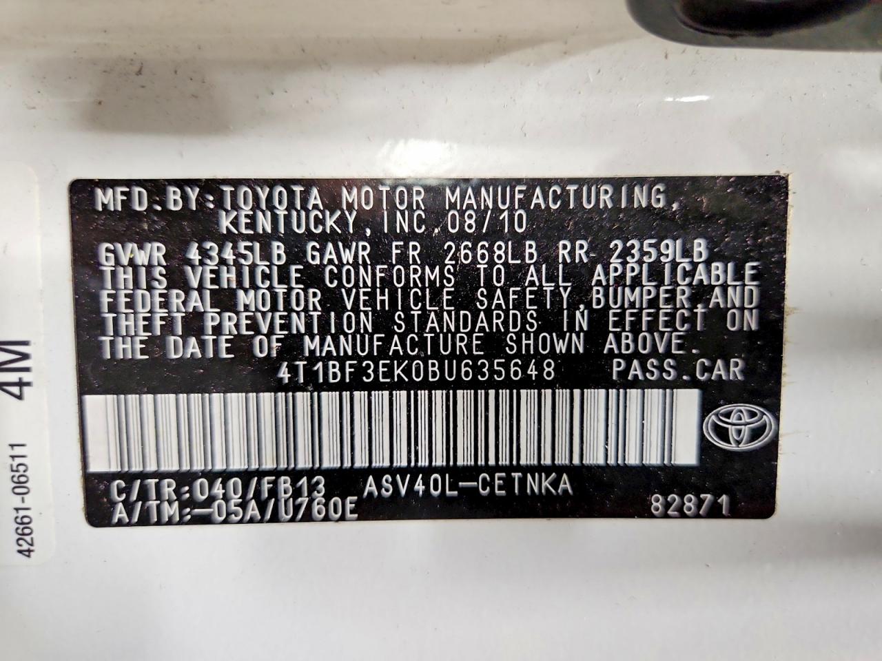2011 Toyota Camry Le White vin: 4T1BF3EK0BU635648
