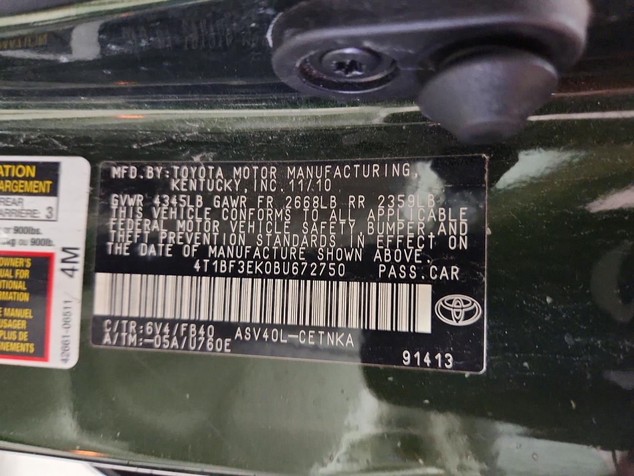 2011 Toyota Camry Le Green vin: 4T1BF3EK0BU672750
