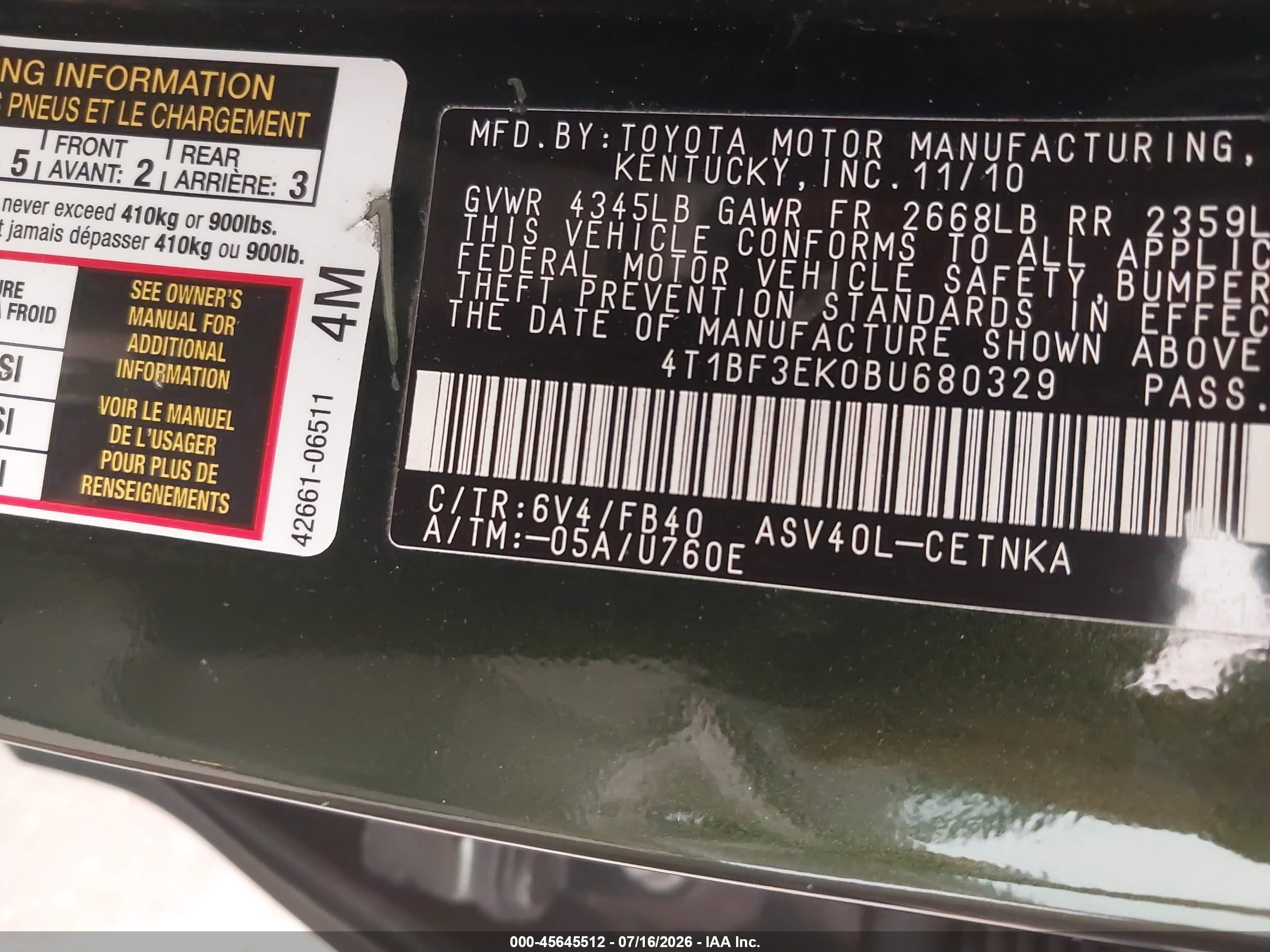 2011 Toyota Camry Le Green vin: 4T1BF3EK0BU680329