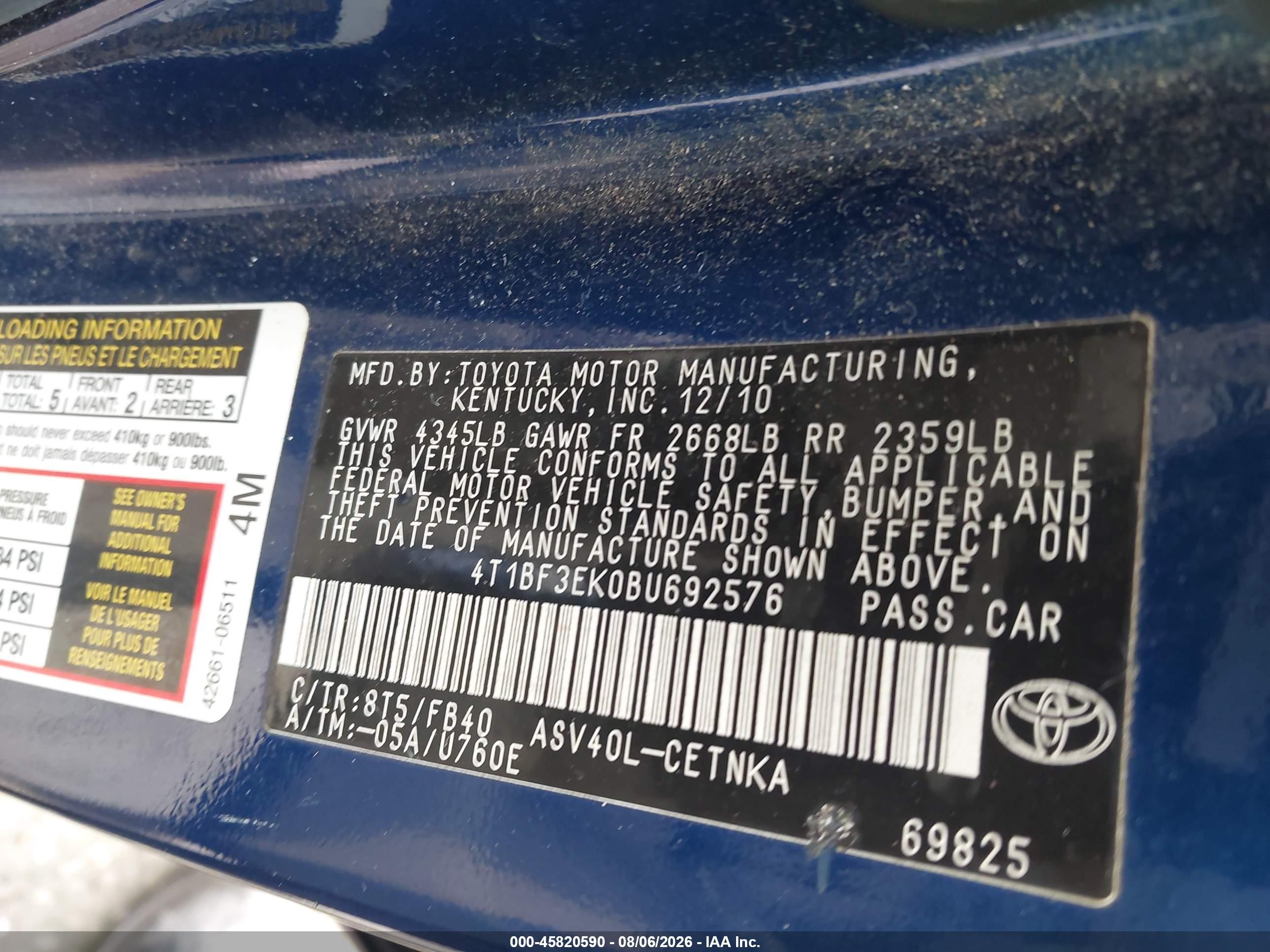 2011 Toyota Camry Le Blue vin: 4T1BF3EK0BU692576