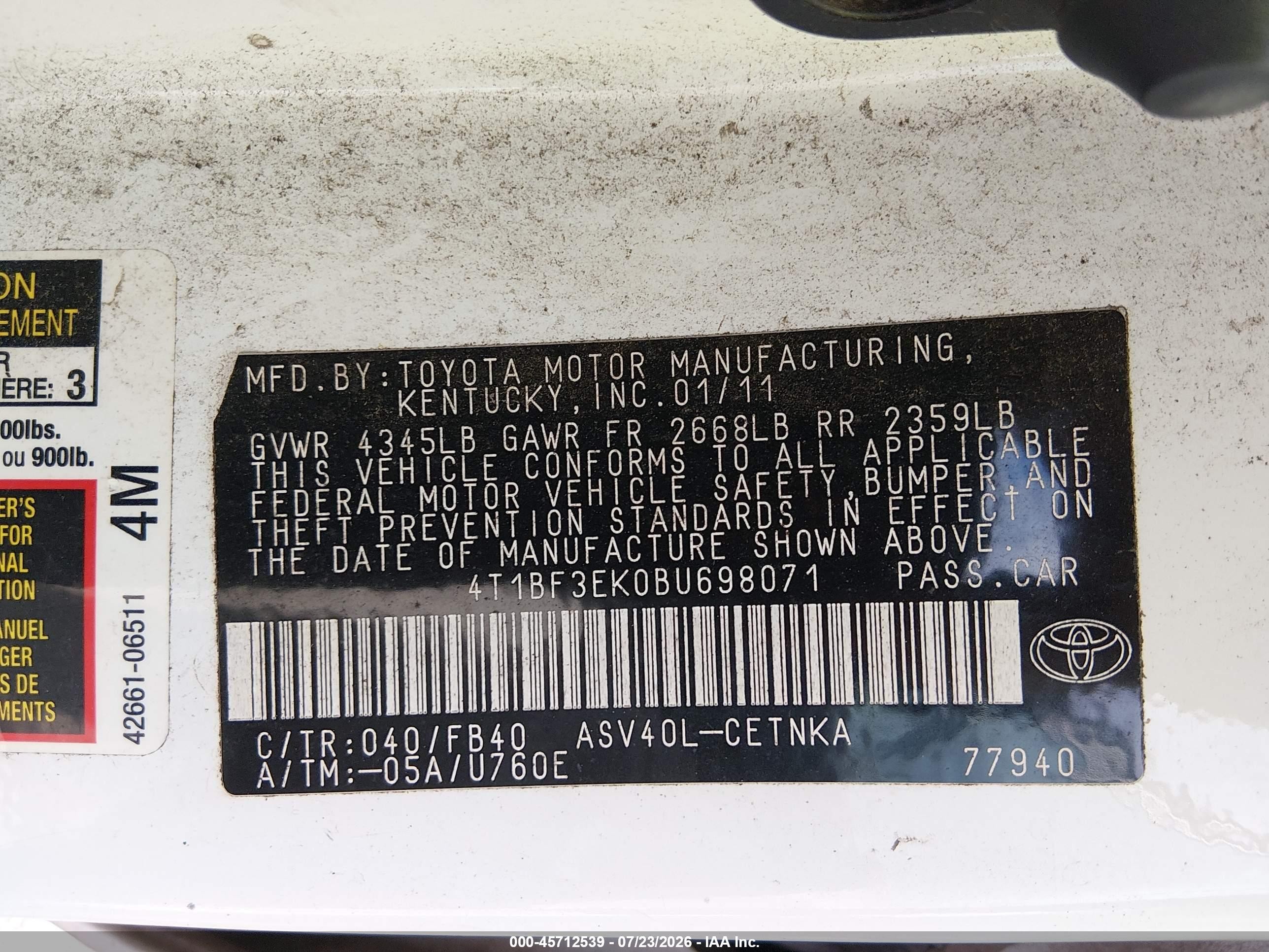 2011 Toyota Camry   White vin: 4T1BF3EK0BU698071