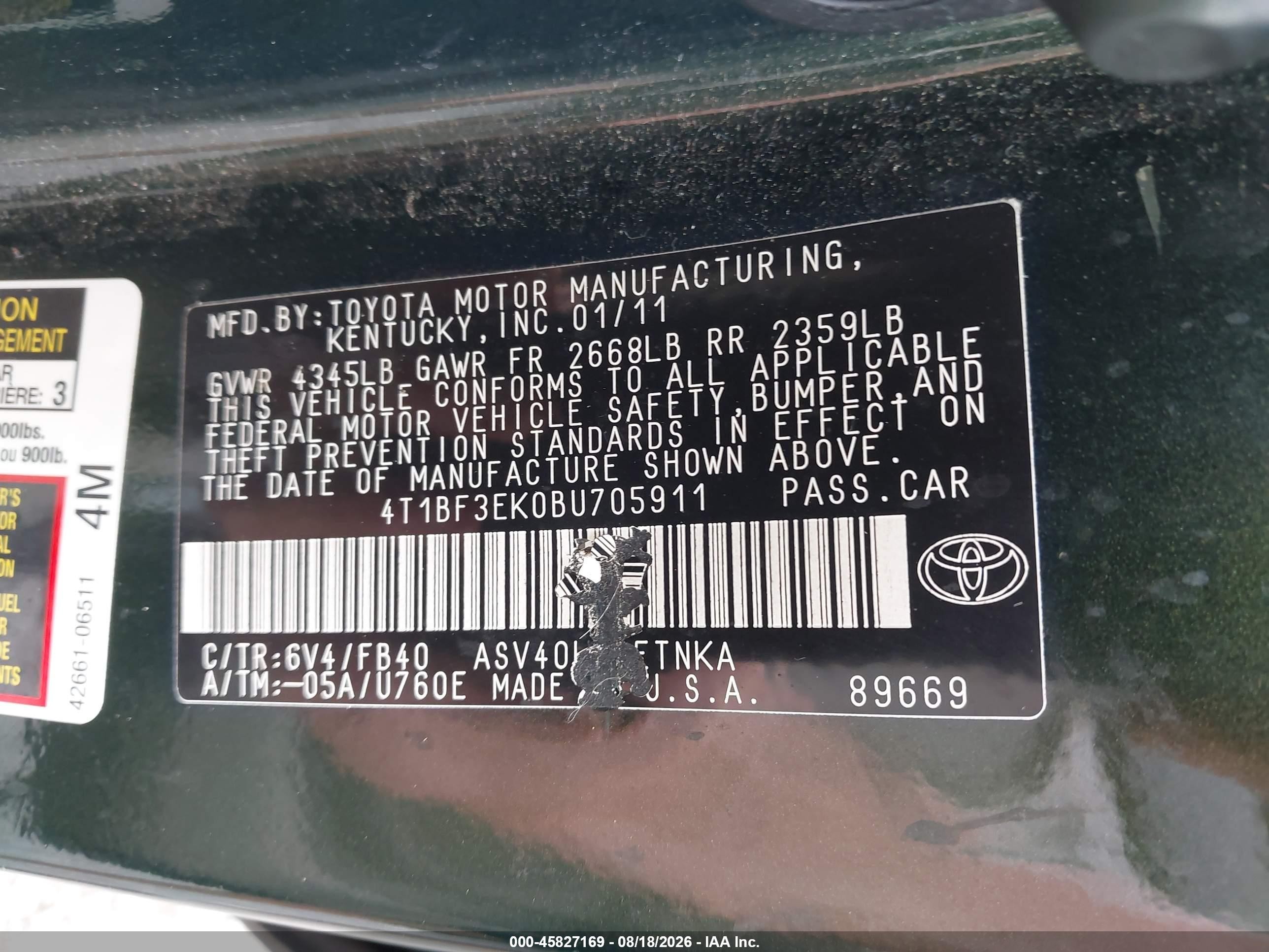 2011 Toyota Camry Le Green vin: 4T1BF3EK0BU705911