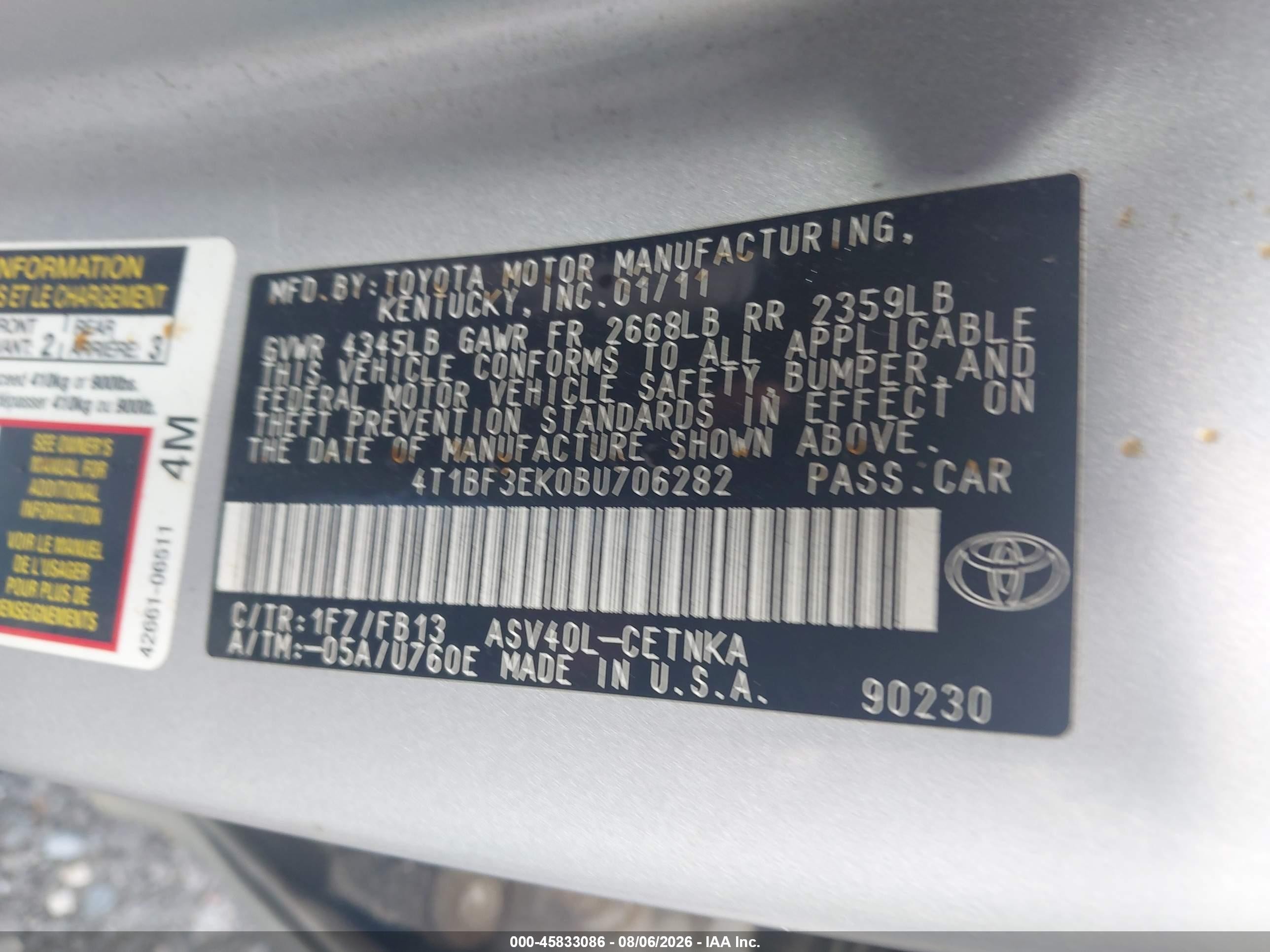 2011 Toyota Camry Le Gray vin: 4T1BF3EK0BU706282