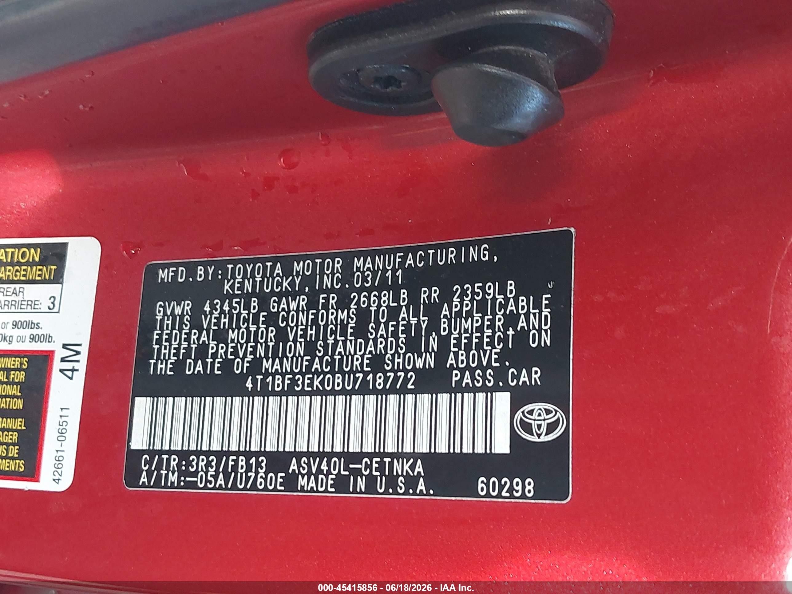 2011 Toyota Camry Le Red vin: 4T1BF3EK0BU718772