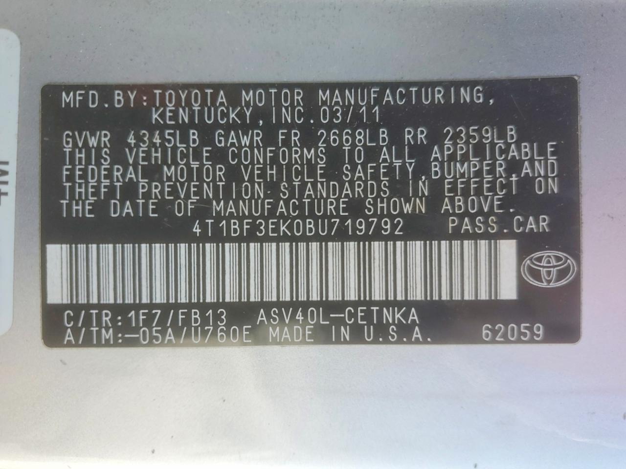 2011 Toyota Camry Le Silver vin: 4T1BF3EK0BU719792