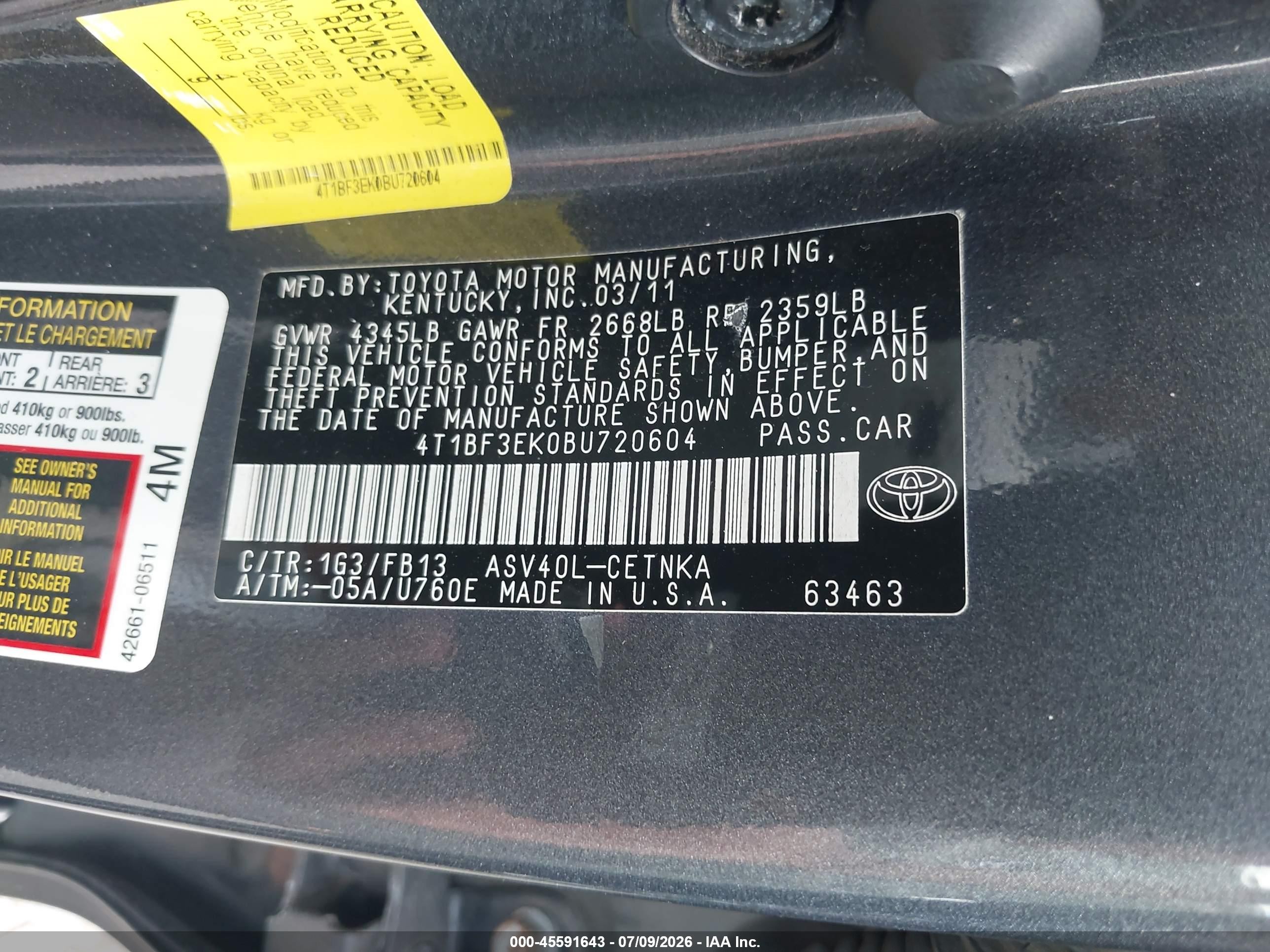2011 Toyota Camry Le Gray vin: 4T1BF3EK0BU720604