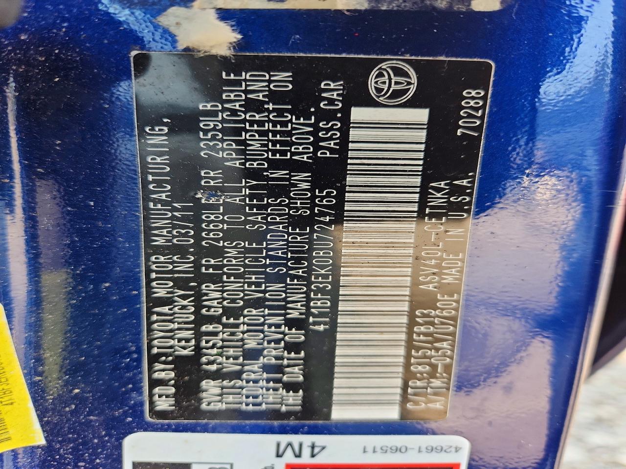 2011 Toyota Camry Le Blue vin: 4T1BF3EK0BU724765