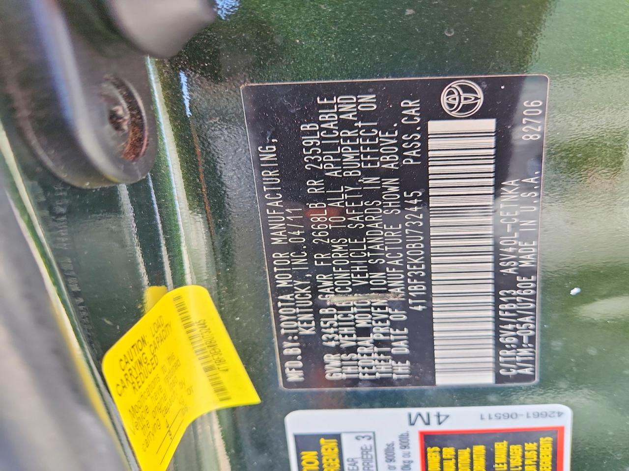 2011 Toyota Camry Le Green vin: 4T1BF3EK0BU732445