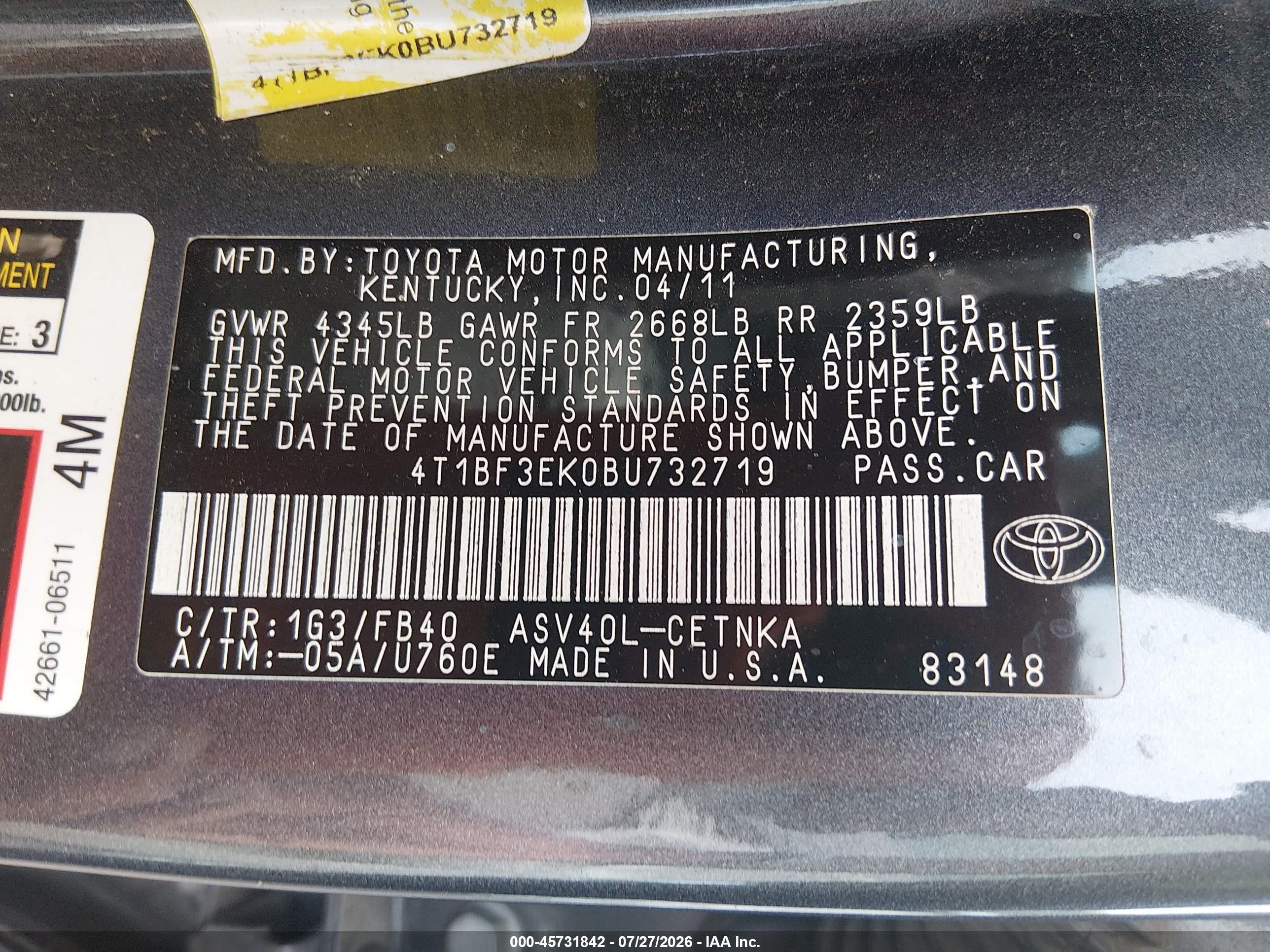 2011 Toyota Camry Le Gray vin: 4T1BF3EK0BU732719