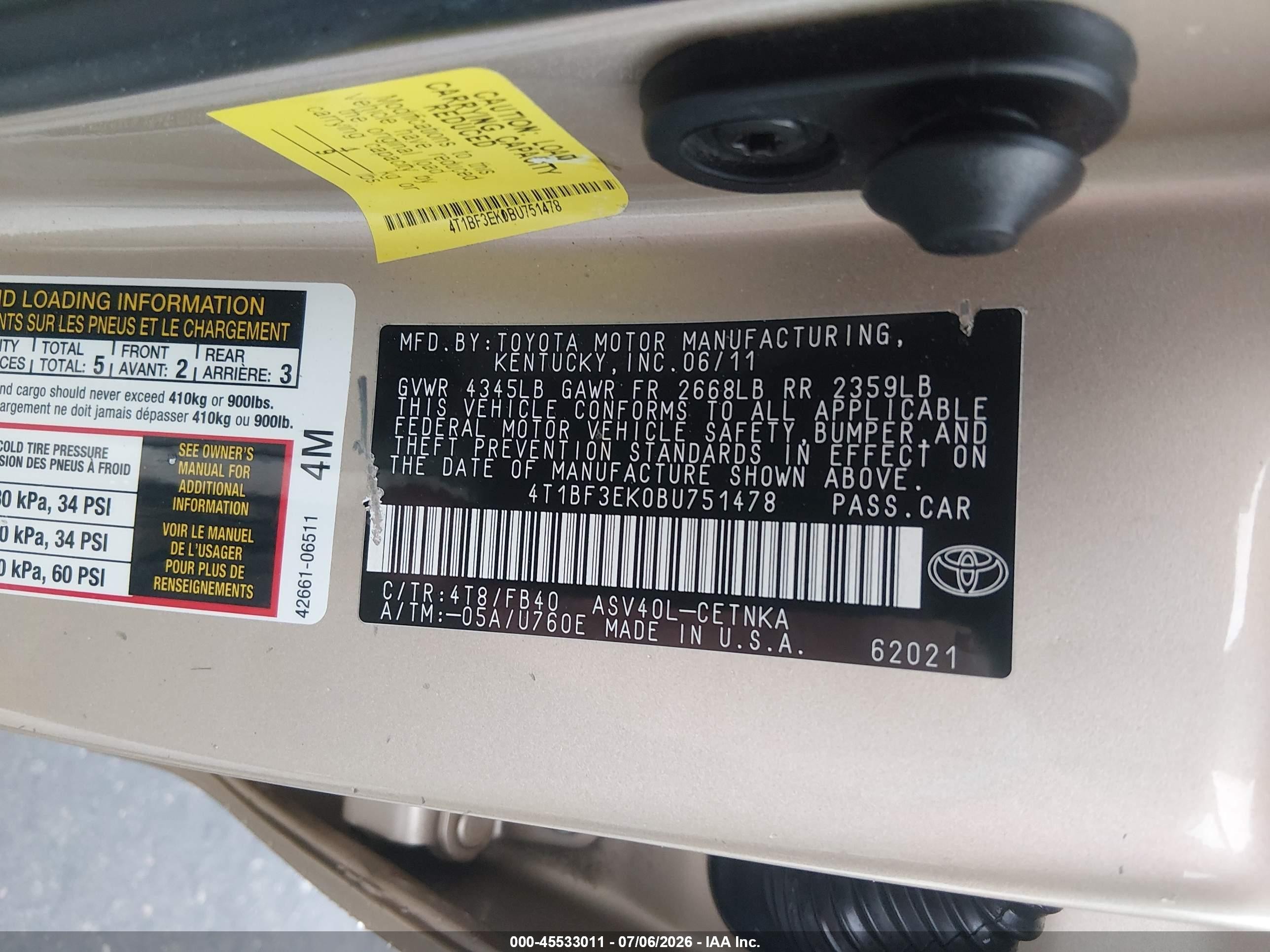2011 Toyota Camry Le Бежевый vin: 4T1BF3EK0BU751478