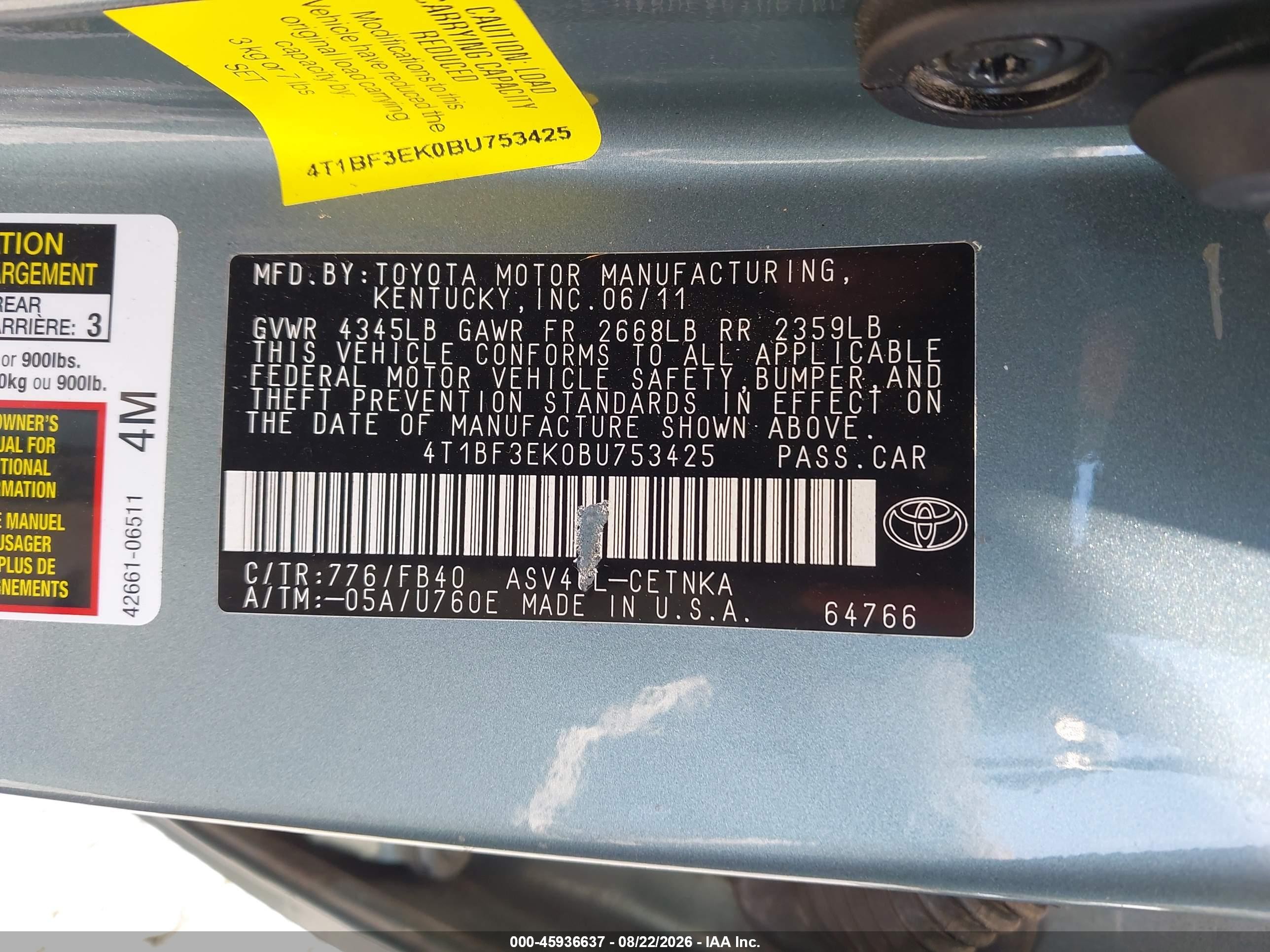 2011 Toyota Camry Le Green vin: 4T1BF3EK0BU753425