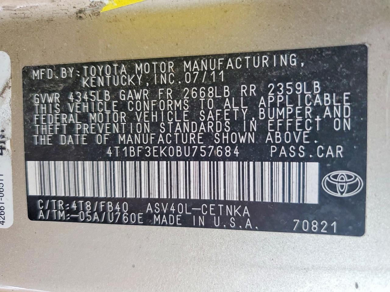 2011 Toyota Camry Le Золотой vin: 4T1BF3EK0BU757684