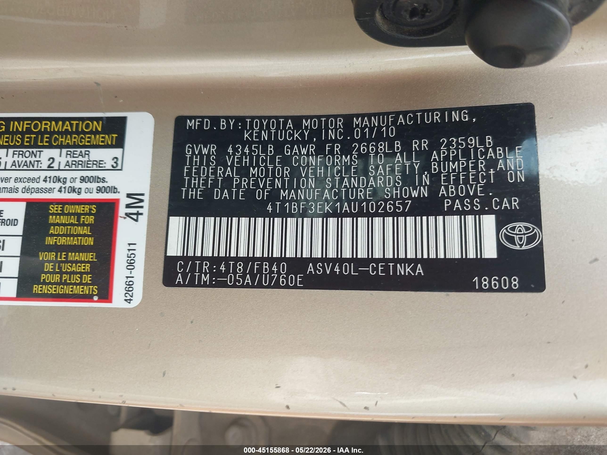 2010 Toyota Camry Le Золотой vin: 4T1BF3EK1AU102657