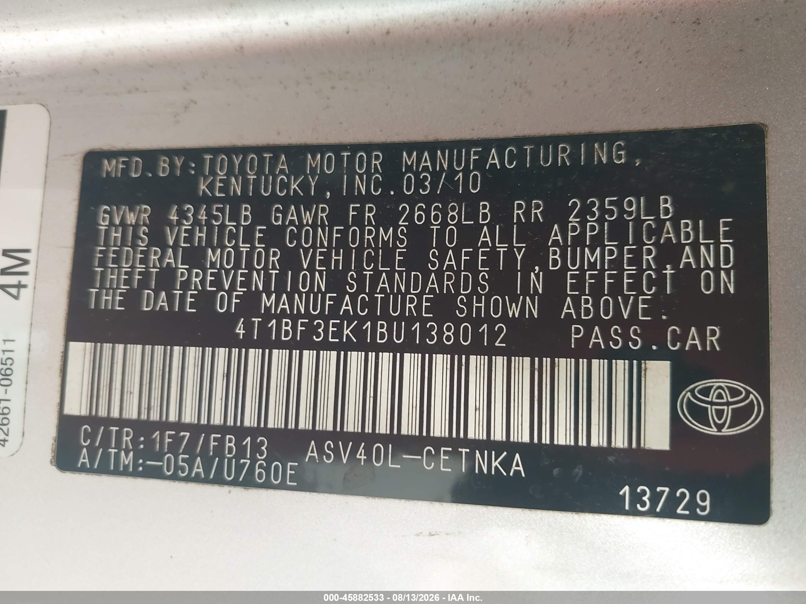 2011 Toyota Camry Le Silver vin: 4T1BF3EK1BU138012