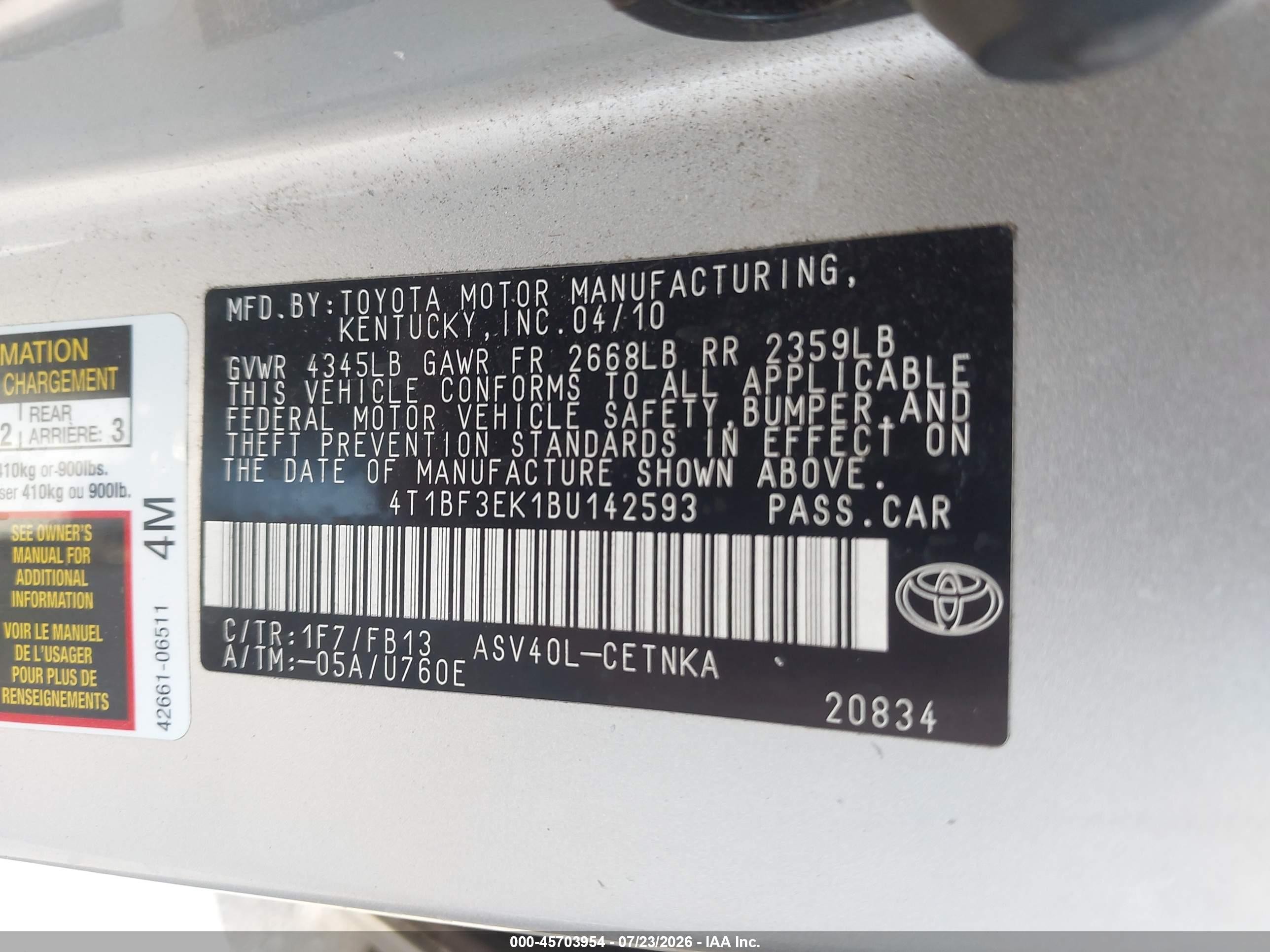 2011 Toyota Camry   White vin: 4T1BF3EK1BU142593