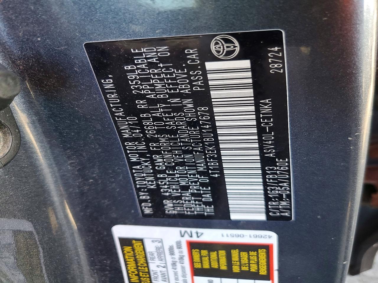 2011 Toyota Camry Le Gray vin: 4T1BF3EK1BU147678