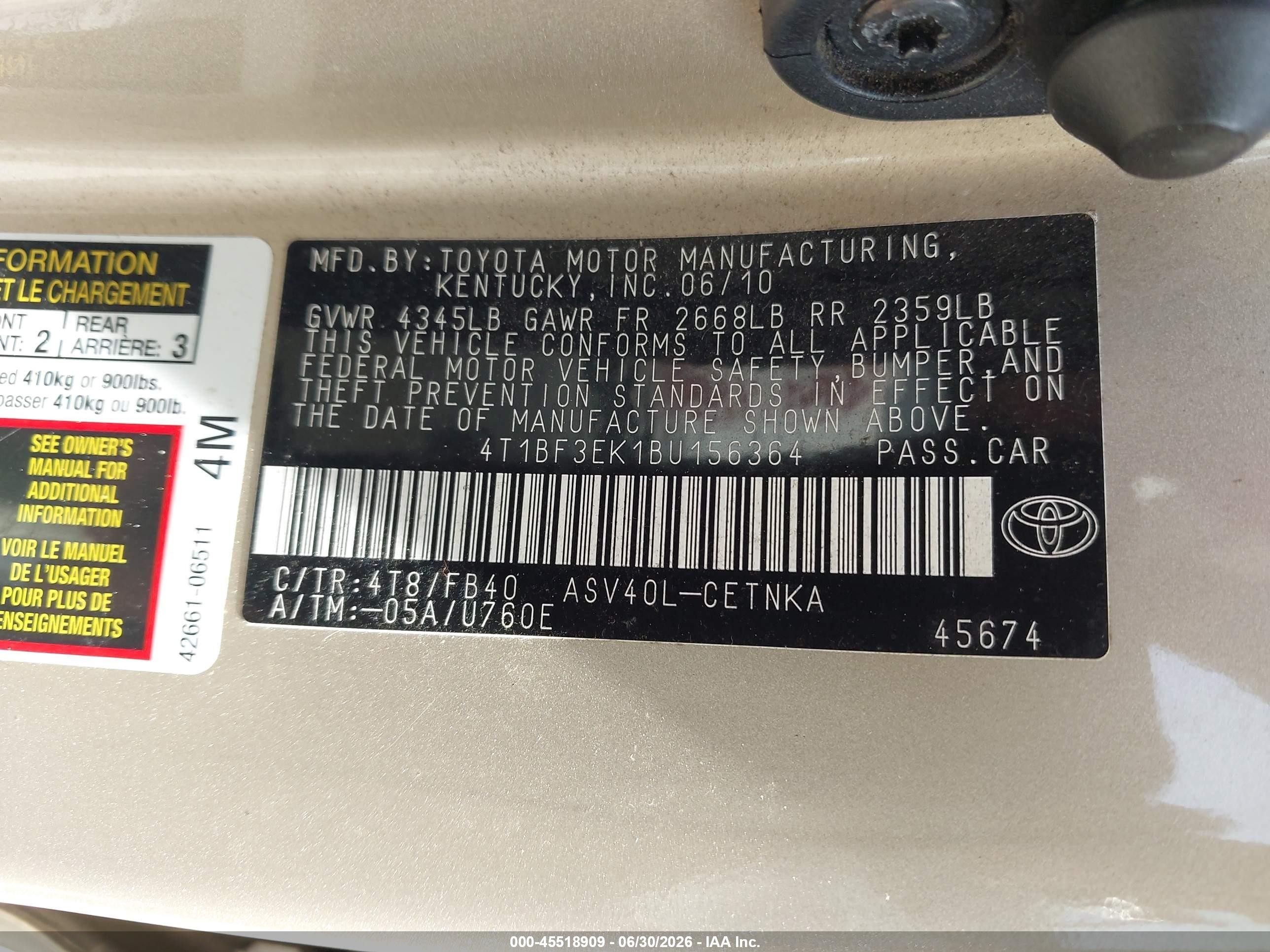 2011 Toyota Camry Le Gold vin: 4T1BF3EK1BU156364