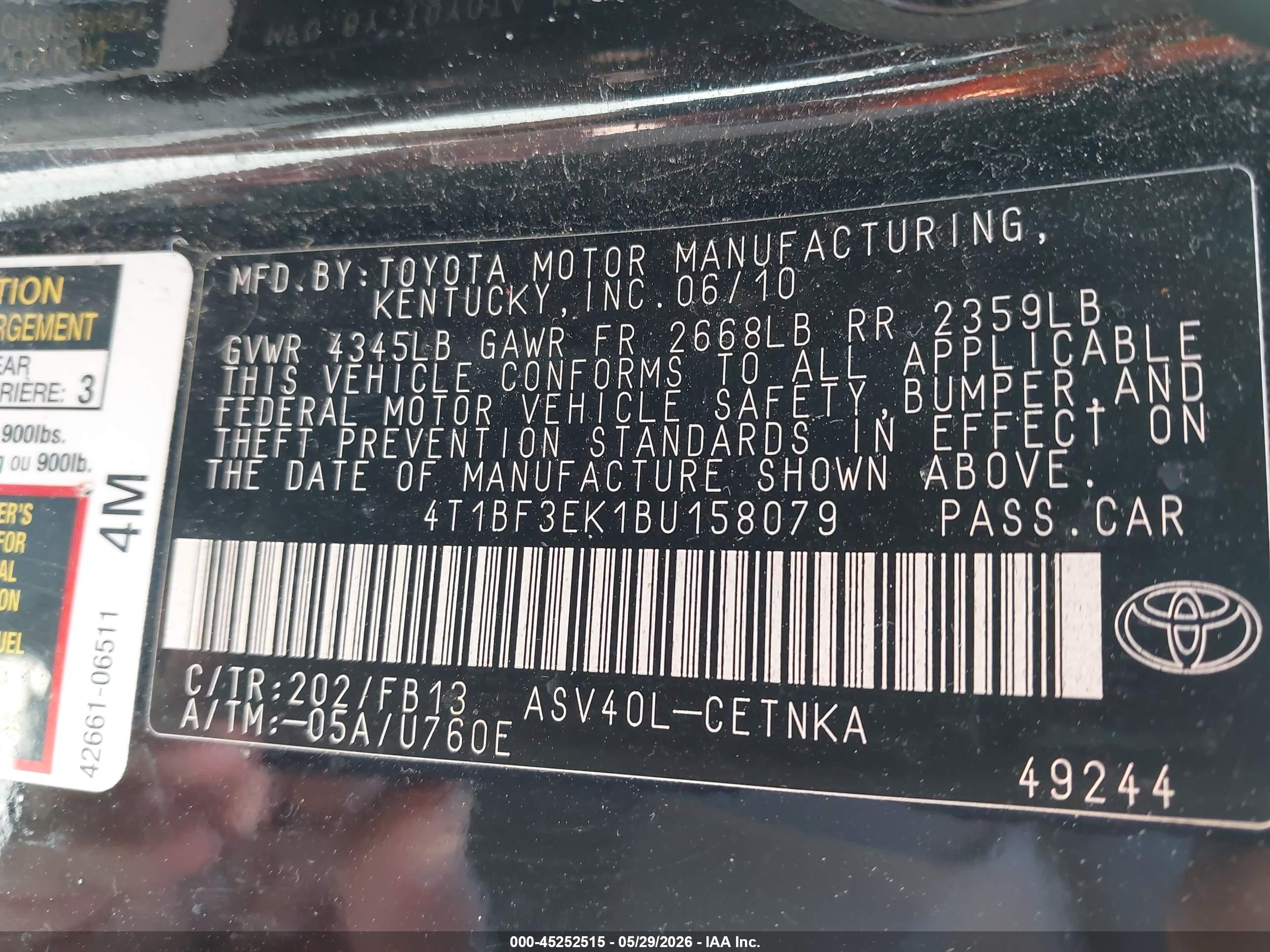 2011 Toyota Camry Le Black vin: 4T1BF3EK1BU158079