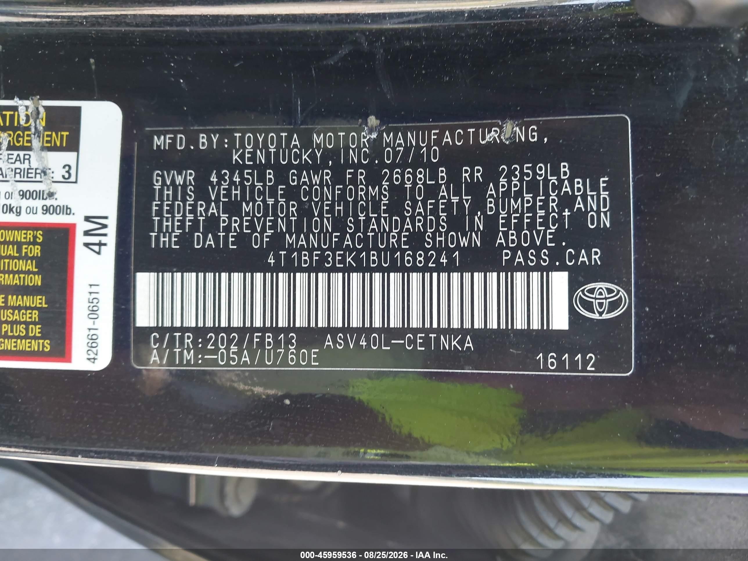 2011 Toyota Camry Le Black vin: 4T1BF3EK1BU168241