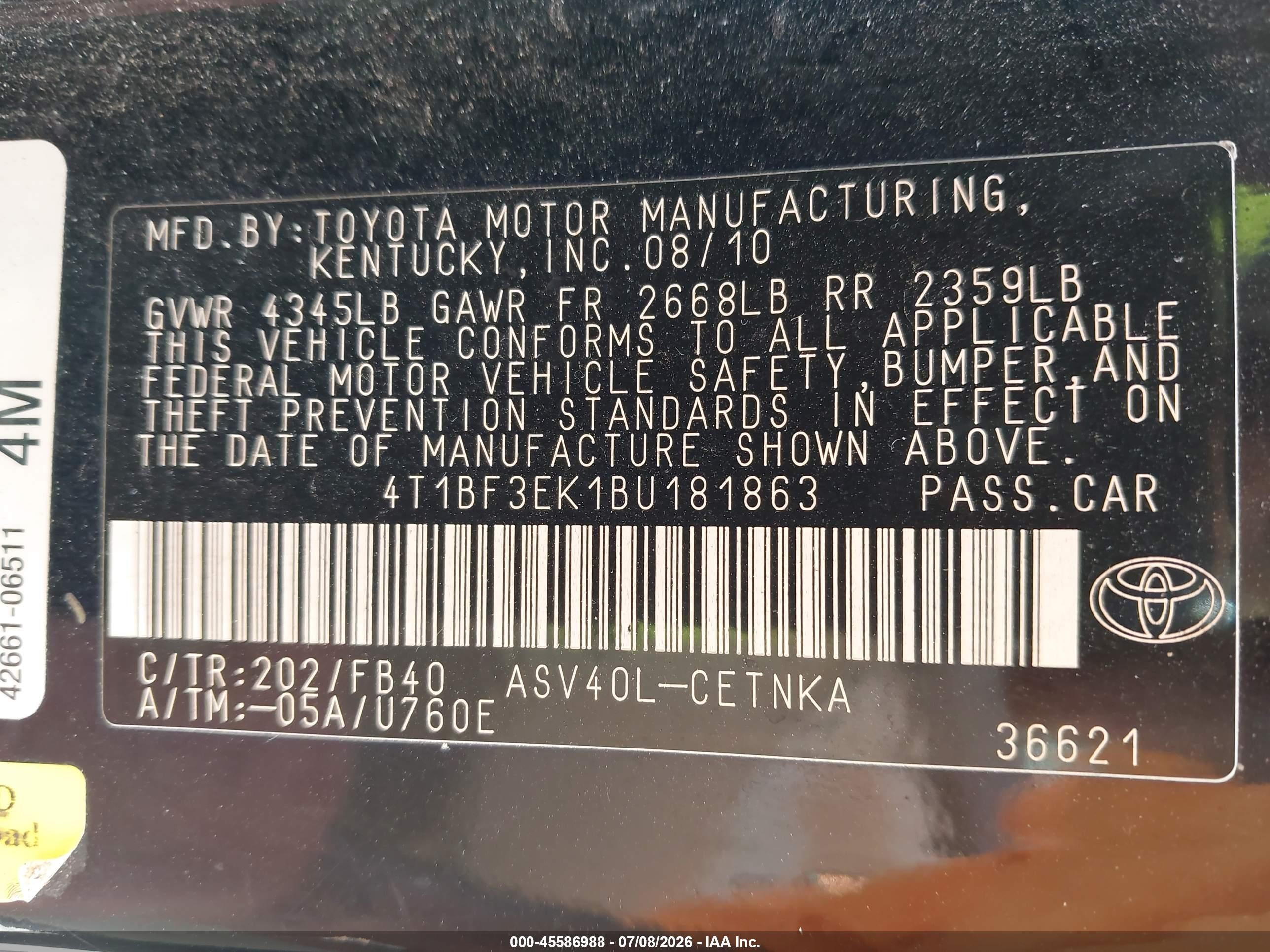 2011 Toyota Camry Le Black vin: 4T1BF3EK1BU181863