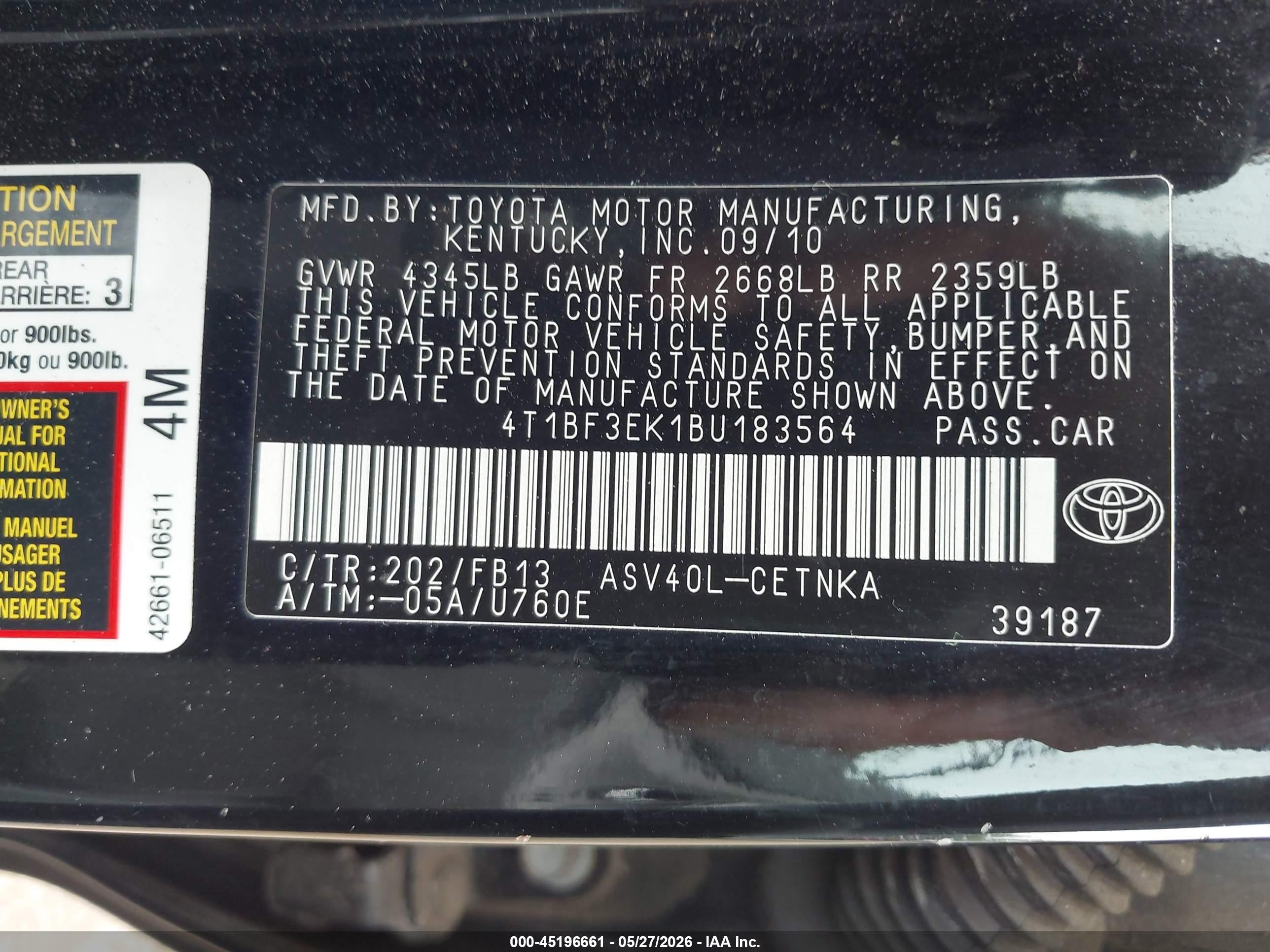 2011 Toyota Camry Le Black vin: 4T1BF3EK1BU183564