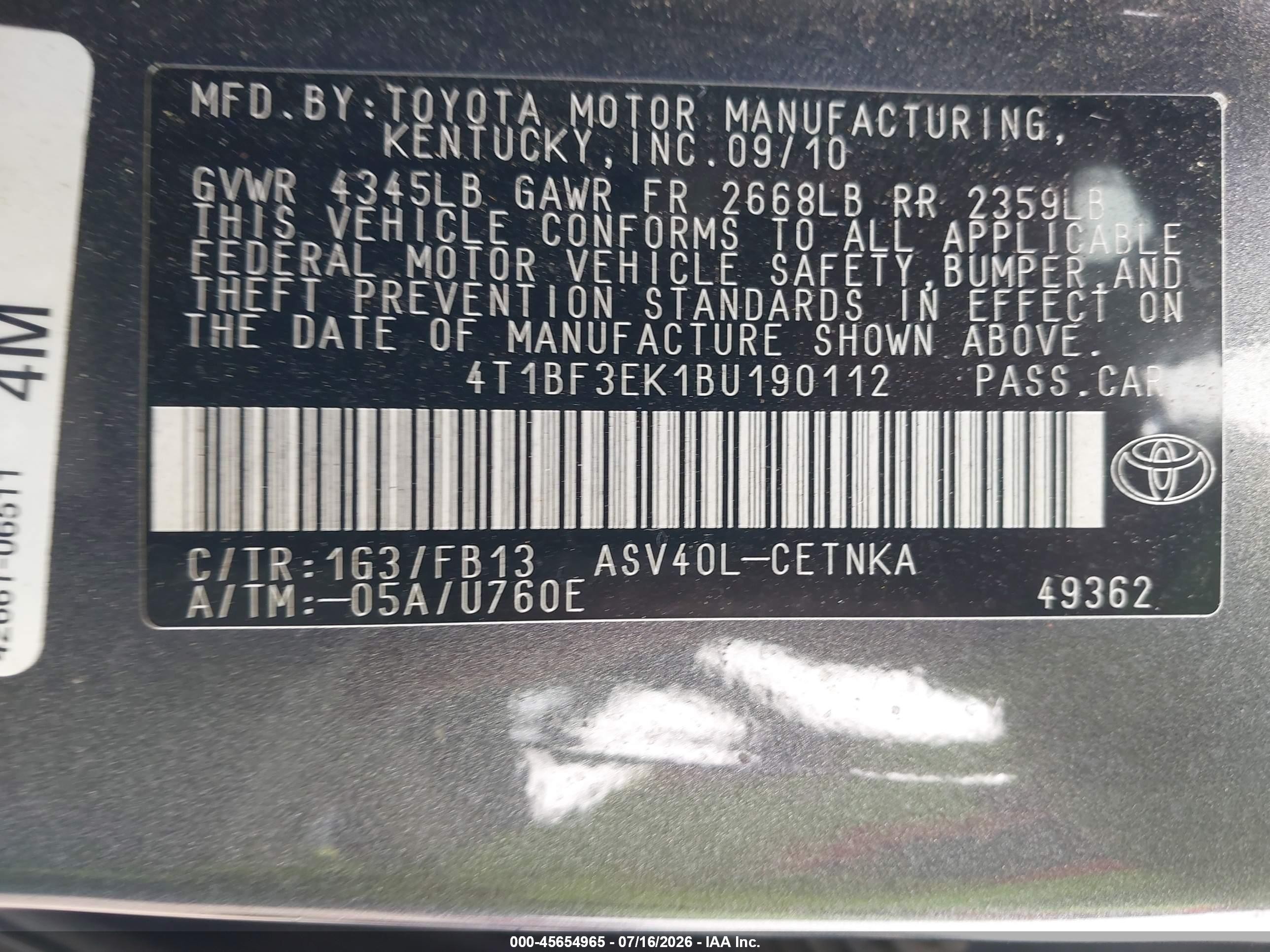 2011 Toyota Camry Le Gray vin: 4T1BF3EK1BU190112