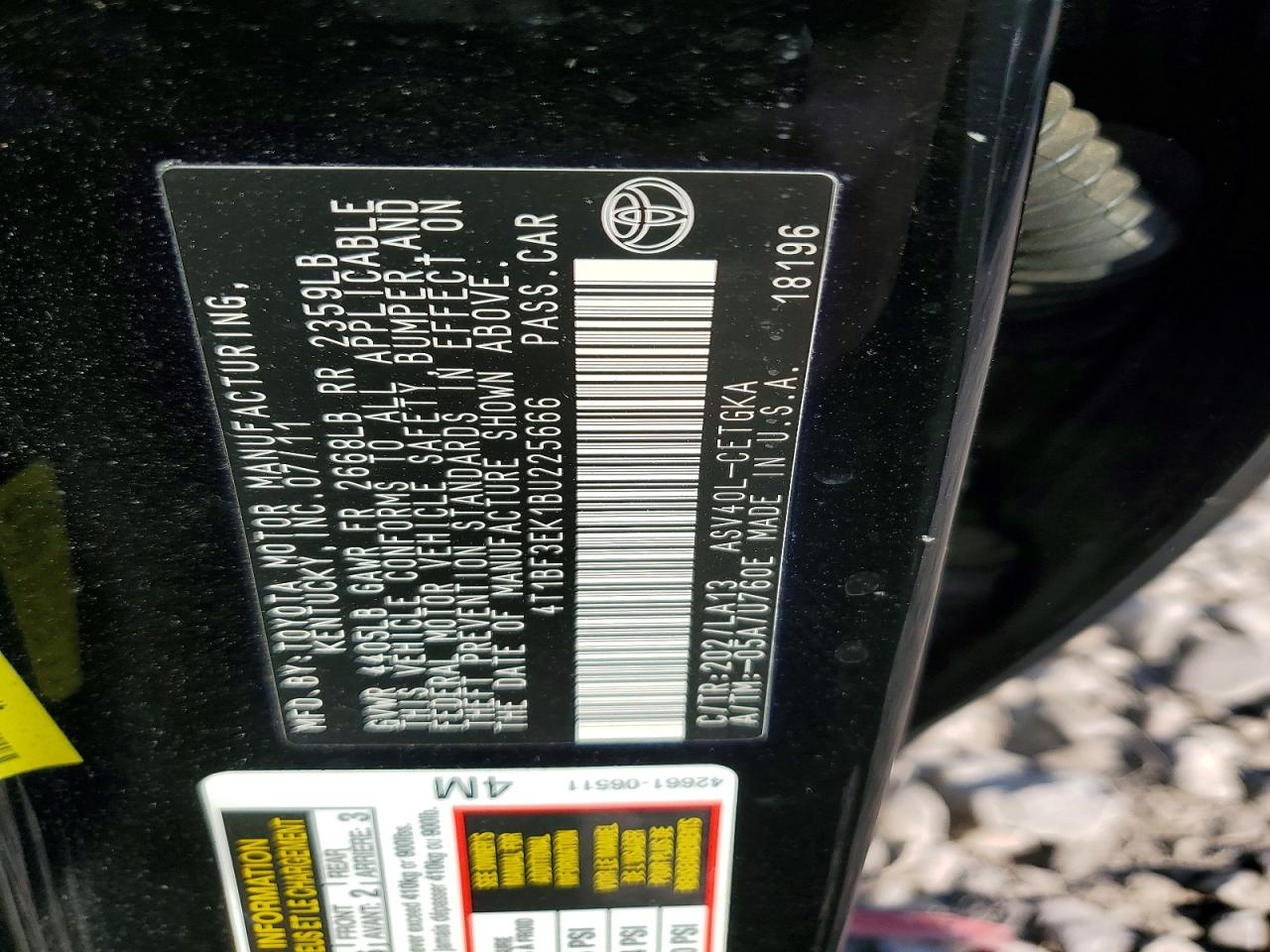 2011 Toyota Camry Xle Black vin: 4T1BF3EK1BU225666