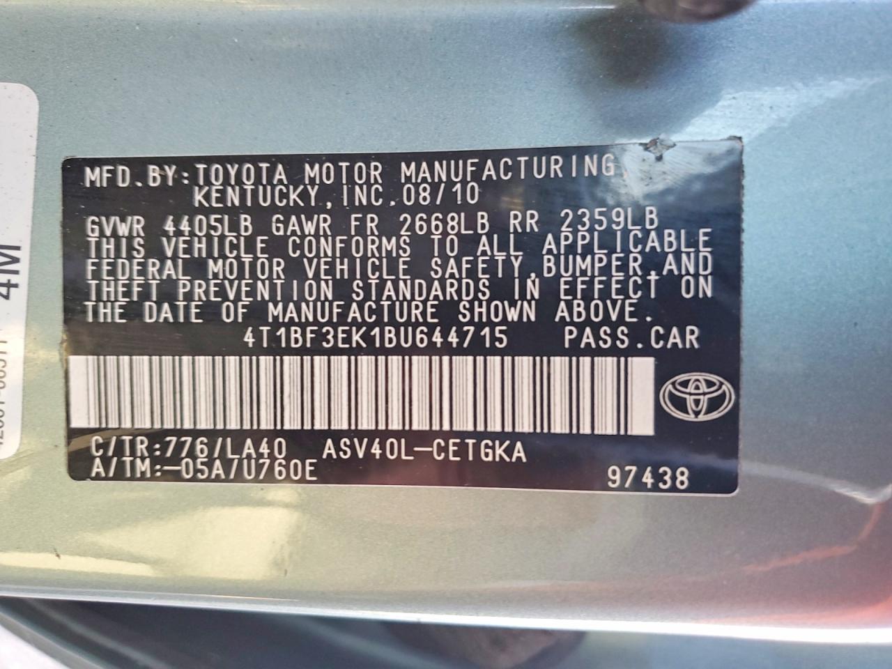 2011 Toyota Camry Xle Бирюзовый vin: 4T1BF3EK1BU644715