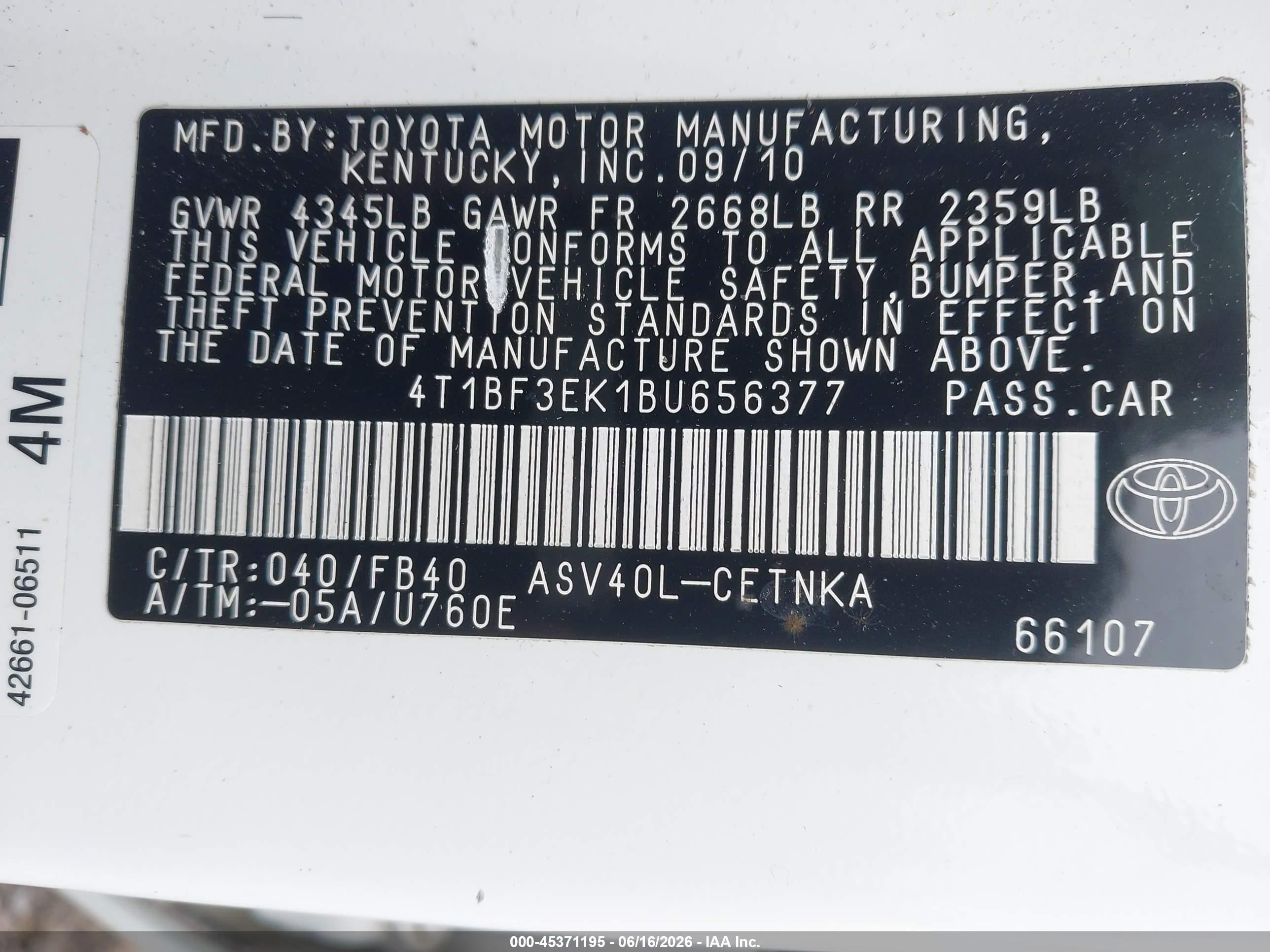 2011 Toyota Camry Le Белый vin: 4T1BF3EK1BU656377