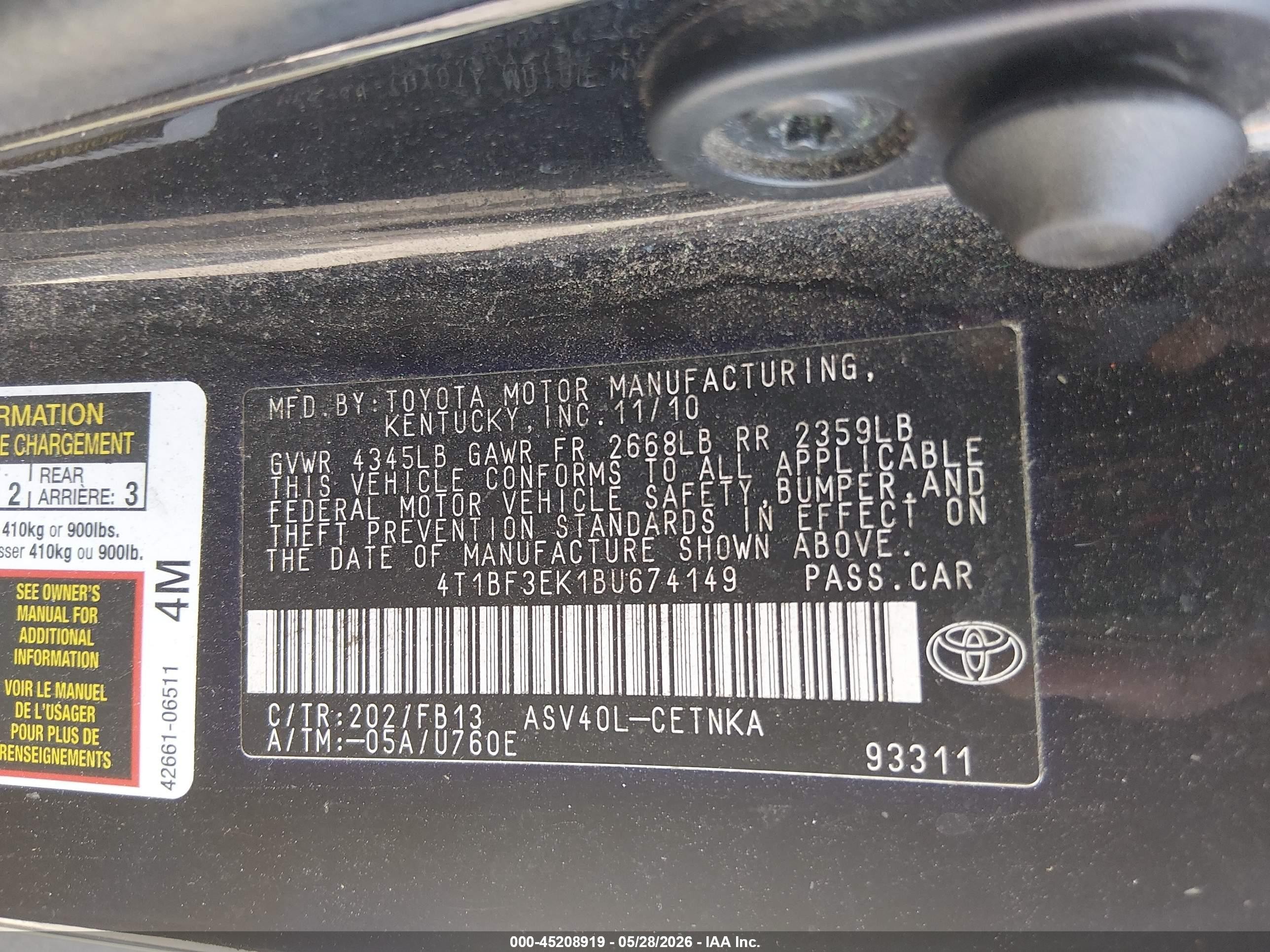 2011 Toyota Camry   Black vin: 4T1BF3EK1BU674149