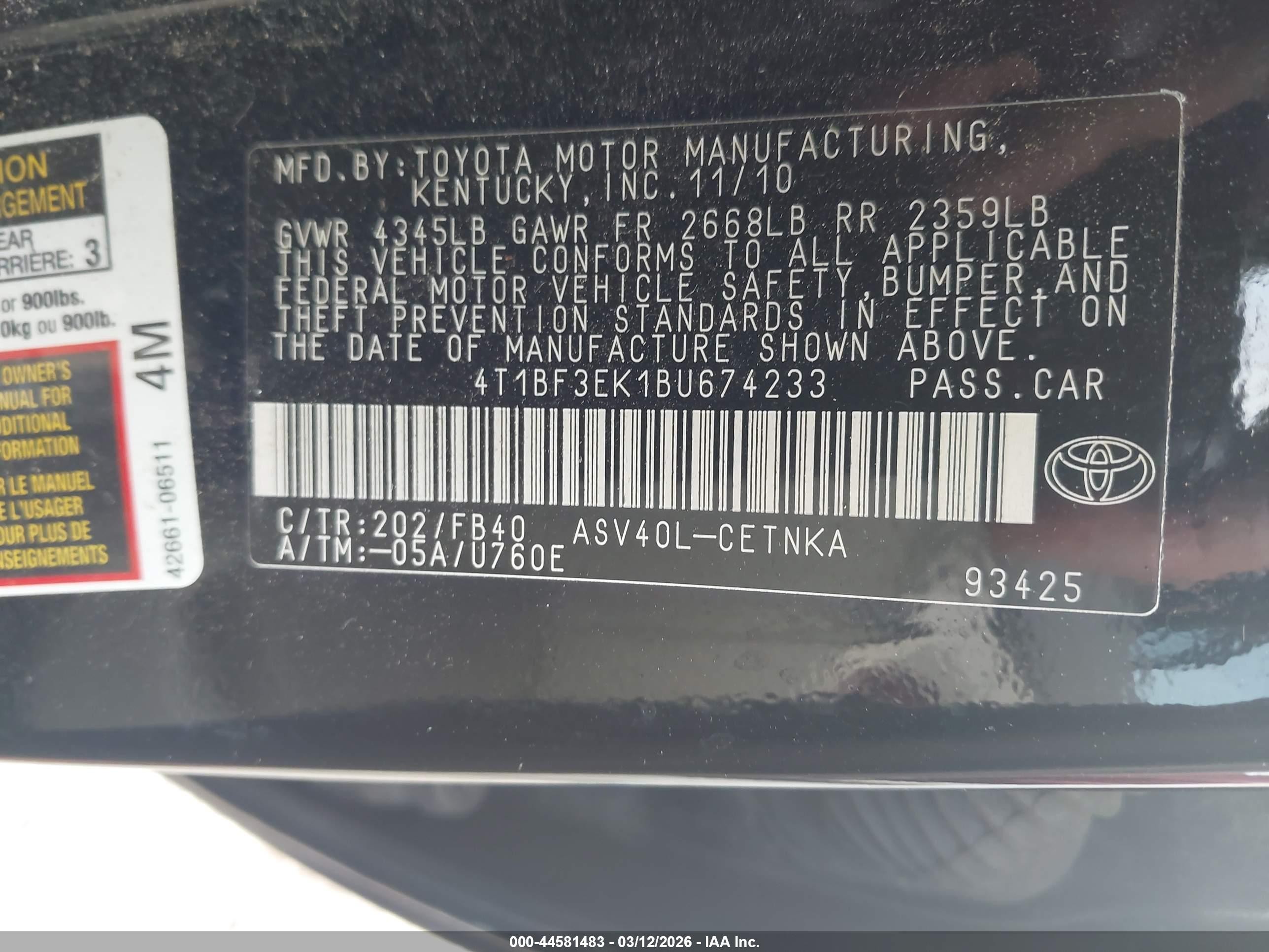 2011 Toyota Camry Le Black vin: 4T1BF3EK1BU674233