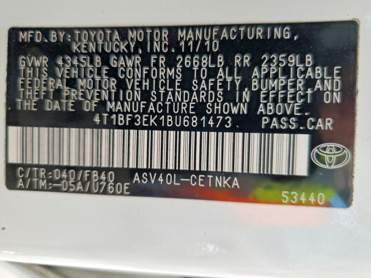 2011 Toyota Camry Le White vin: 4T1BF3EK1BU681473