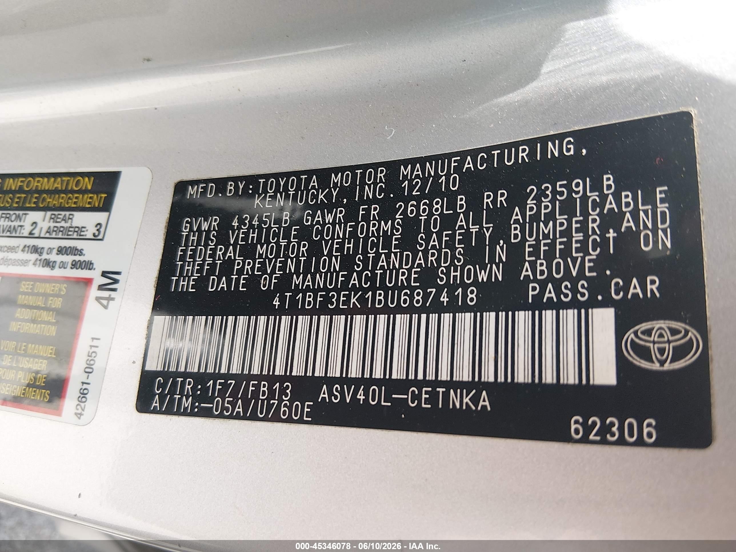 2011 Toyota Camry   Gray vin: 4T1BF3EK1BU687418