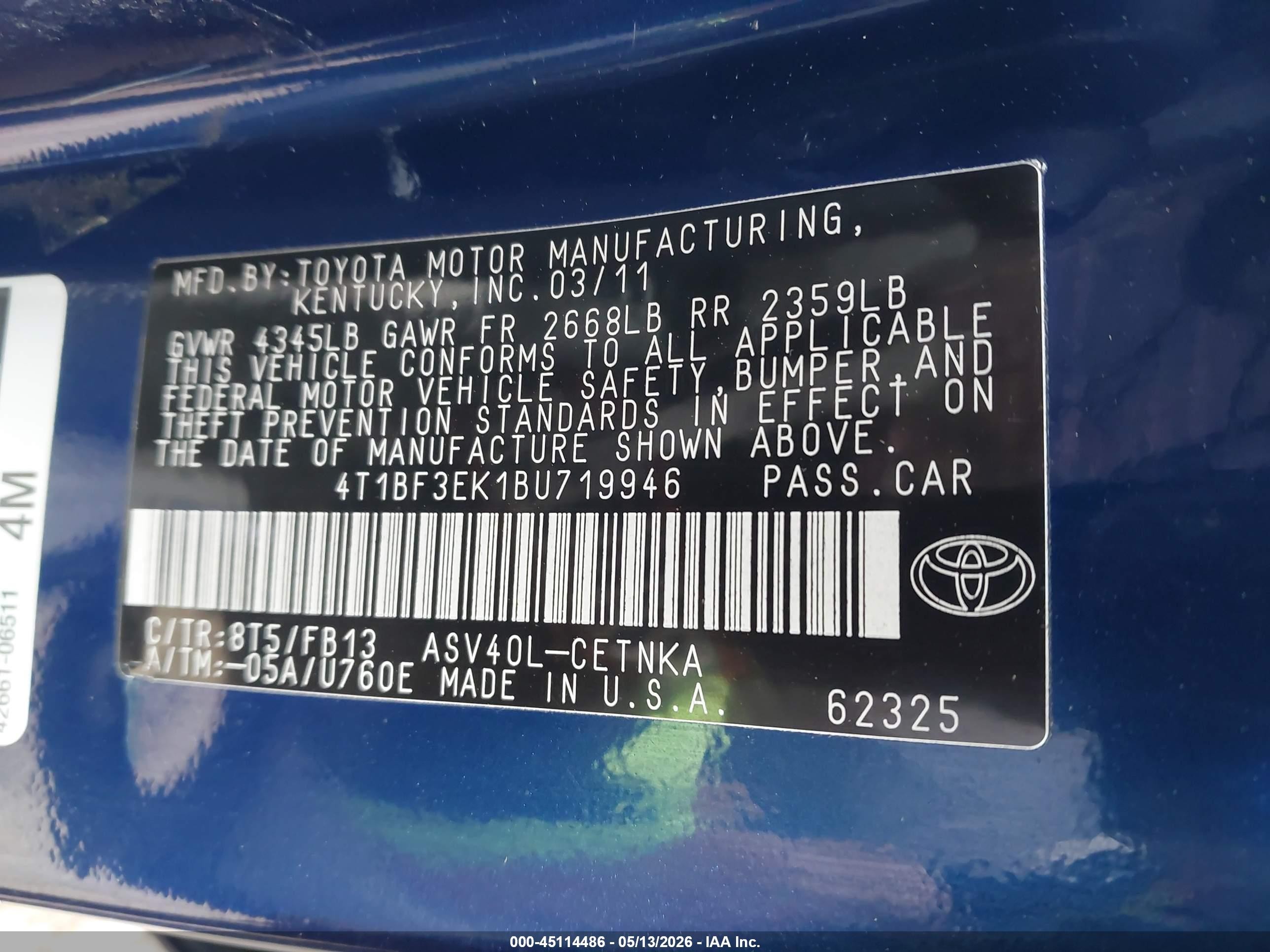 2011 Toyota Camry Le Blue vin: 4T1BF3EK1BU719946