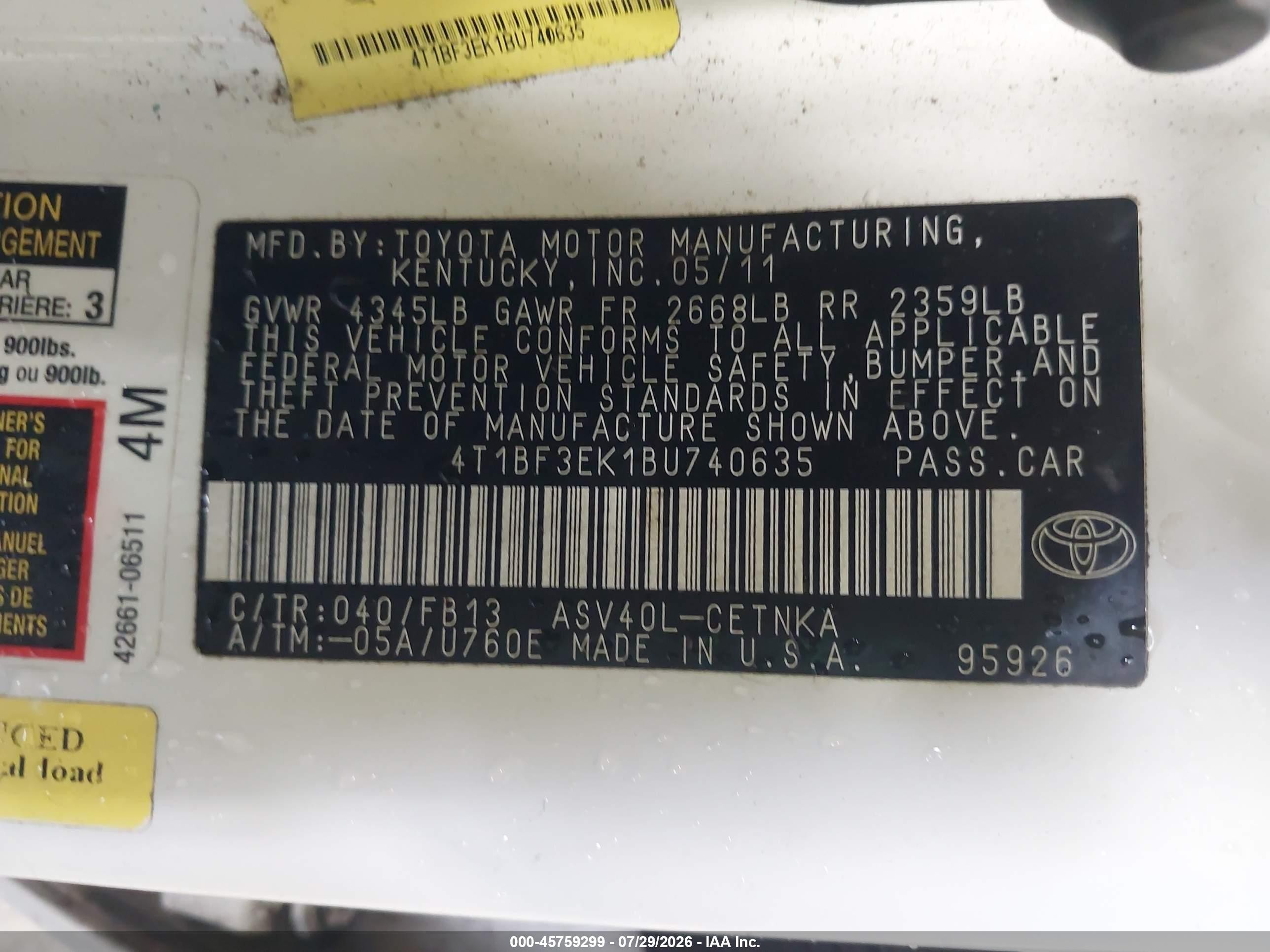2011 Toyota Camry Le White vin: 4T1BF3EK1BU740635