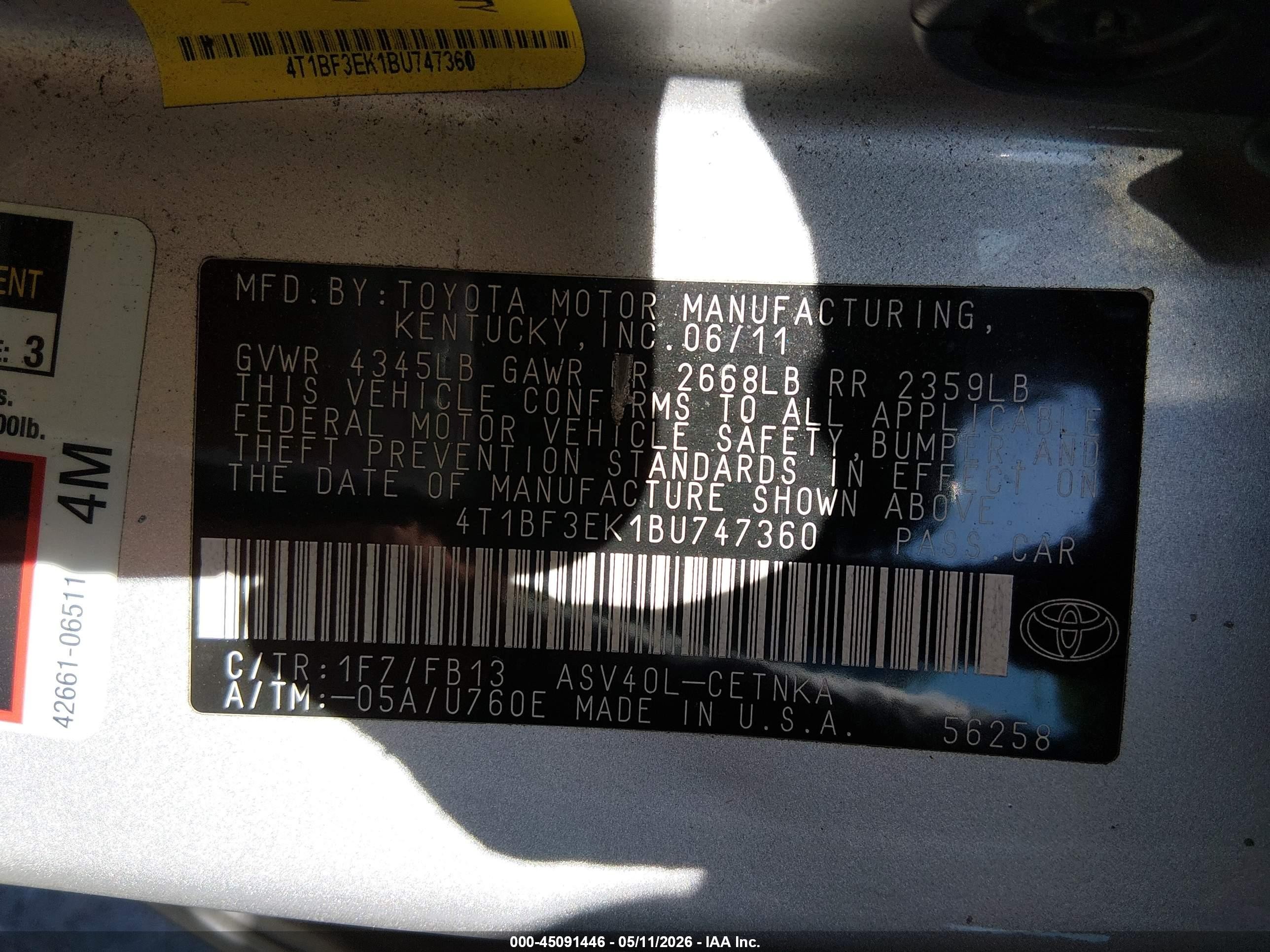 2011 Toyota Camry Le Gray vin: 4T1BF3EK1BU747360