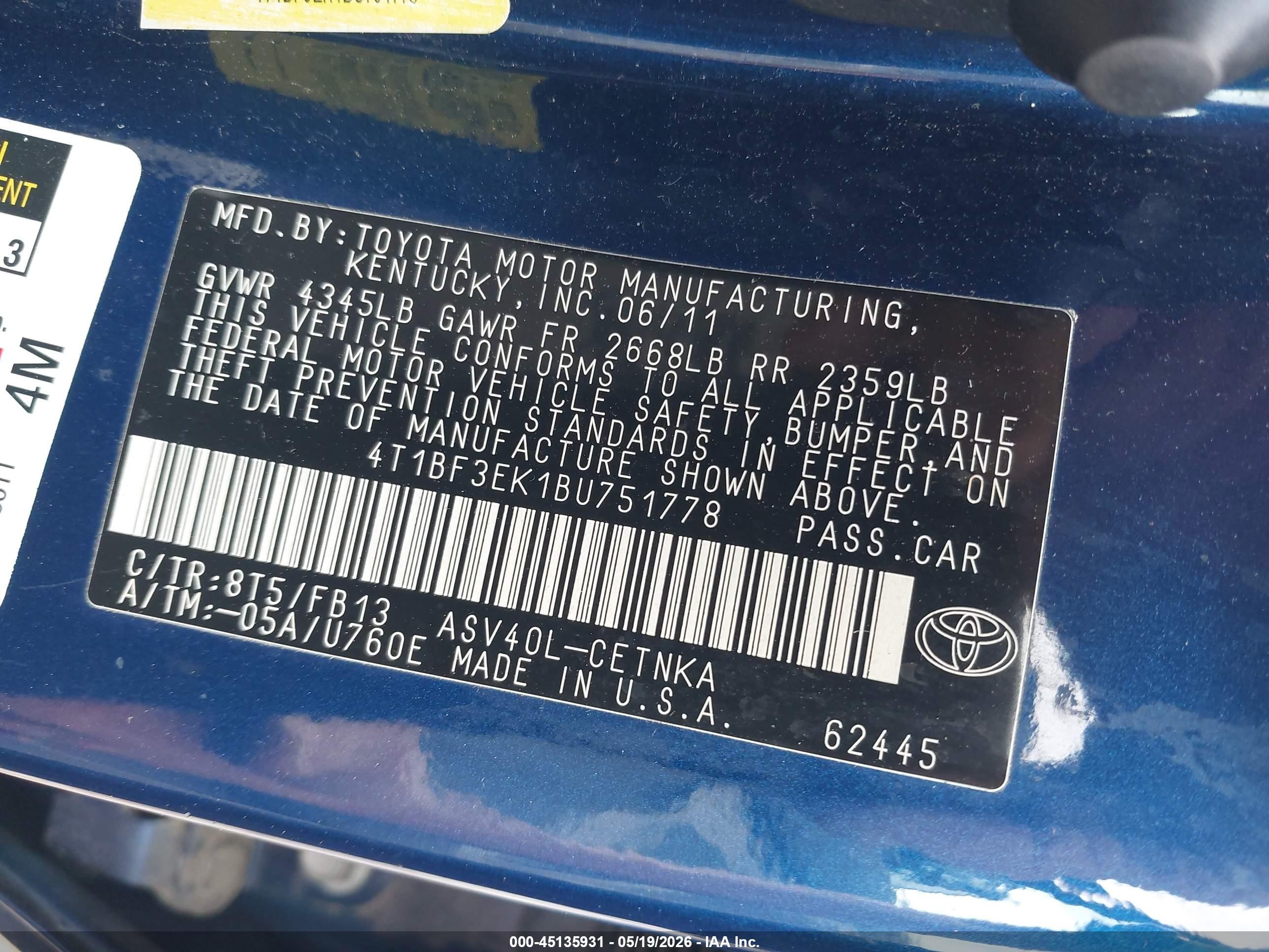 2011 Toyota Camry Le Blue vin: 4T1BF3EK1BU751778