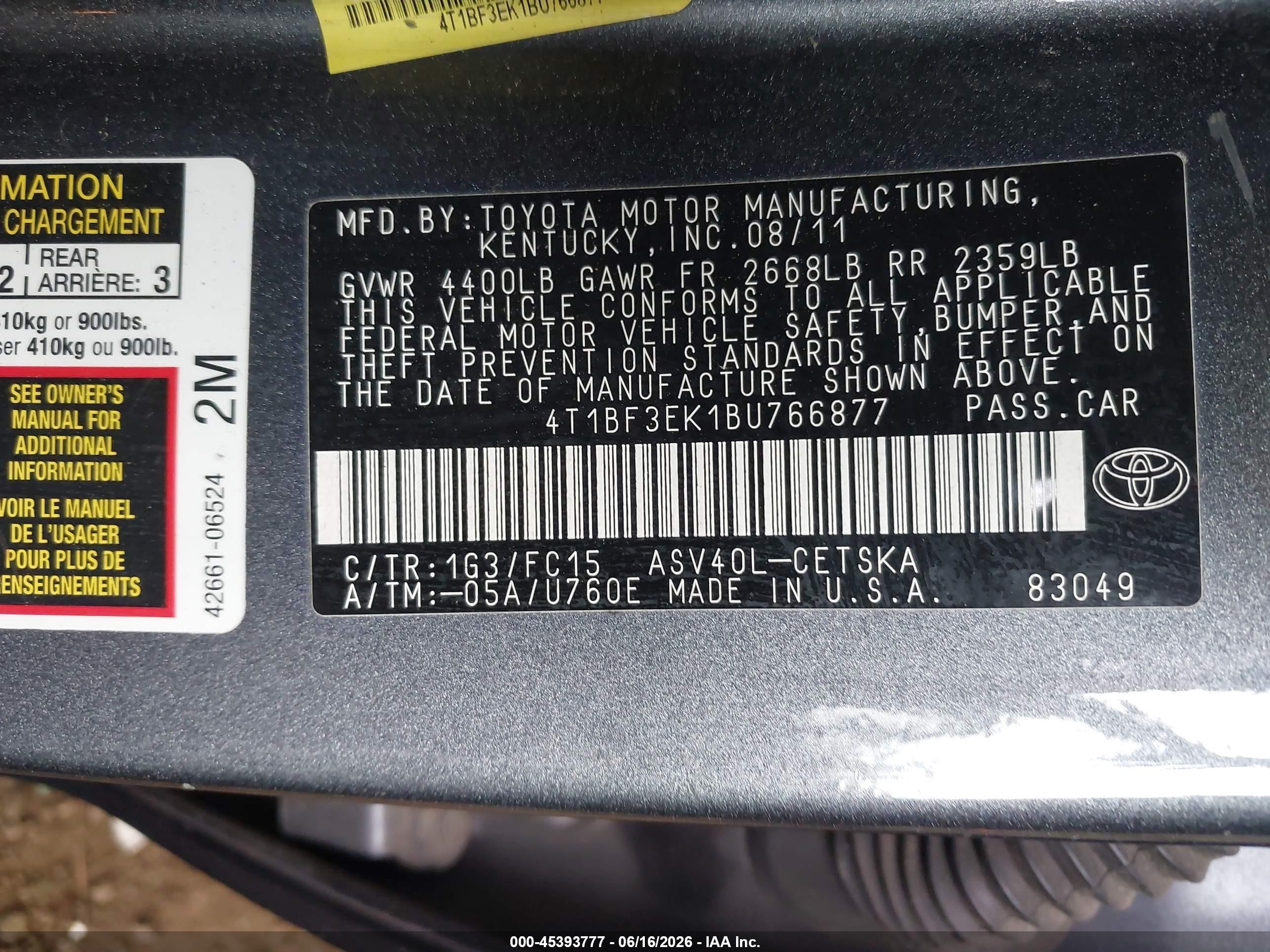 2011 Toyota Camry Se Gray vin: 4T1BF3EK1BU766877