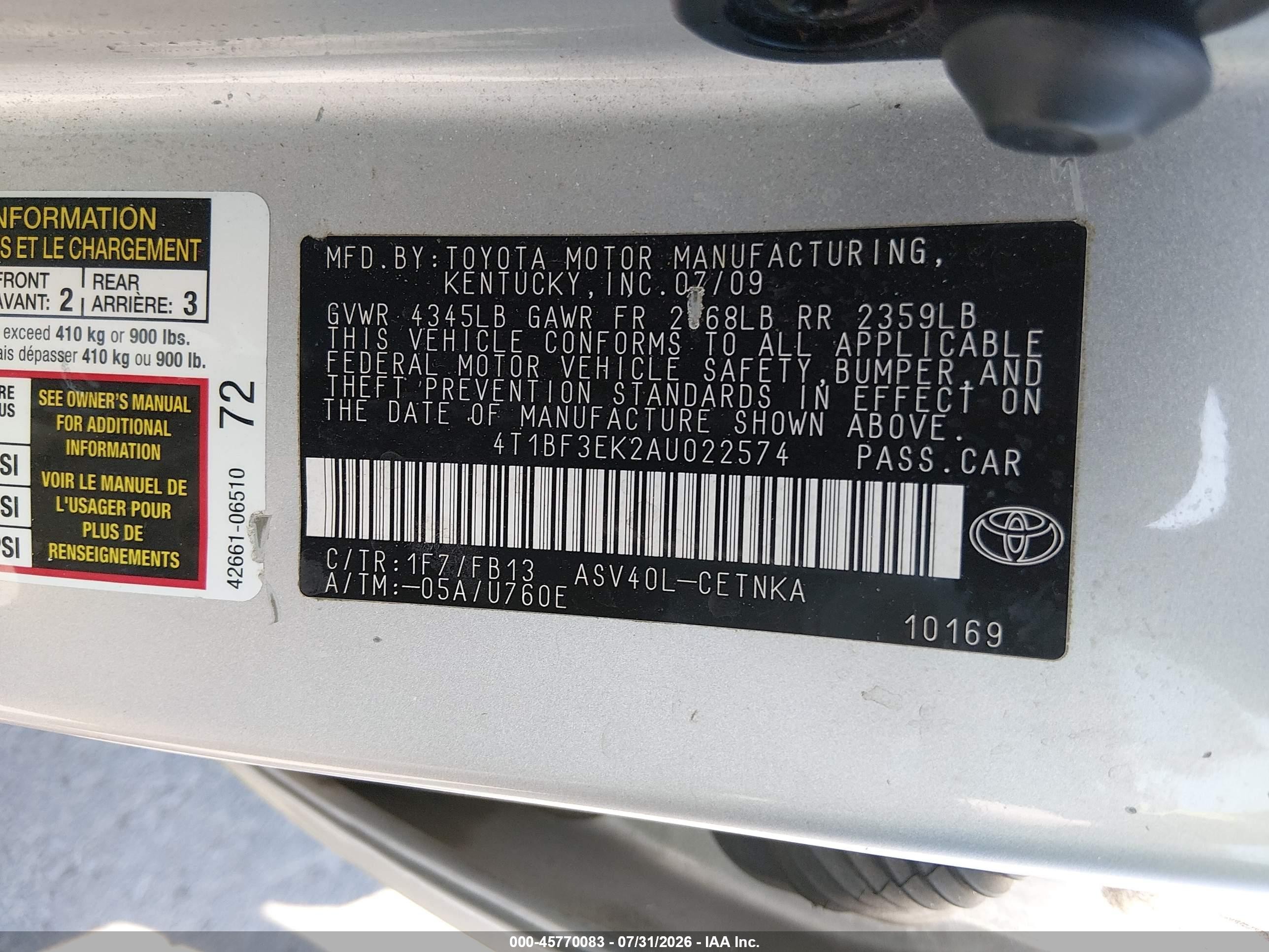 2010 Toyota Camry Le Silver vin: 4T1BF3EK2AU022574
