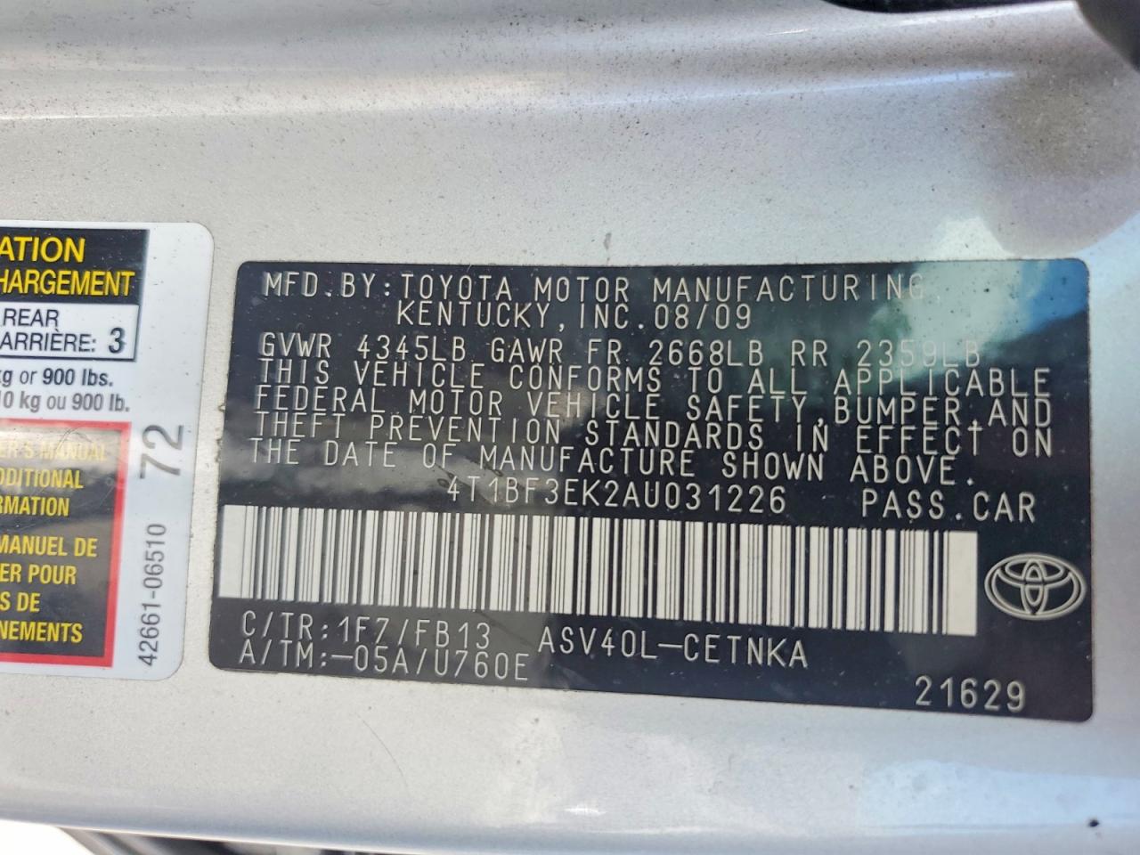 2010 Toyota Camry Silver vin: 4T1BF3EK2AU031226