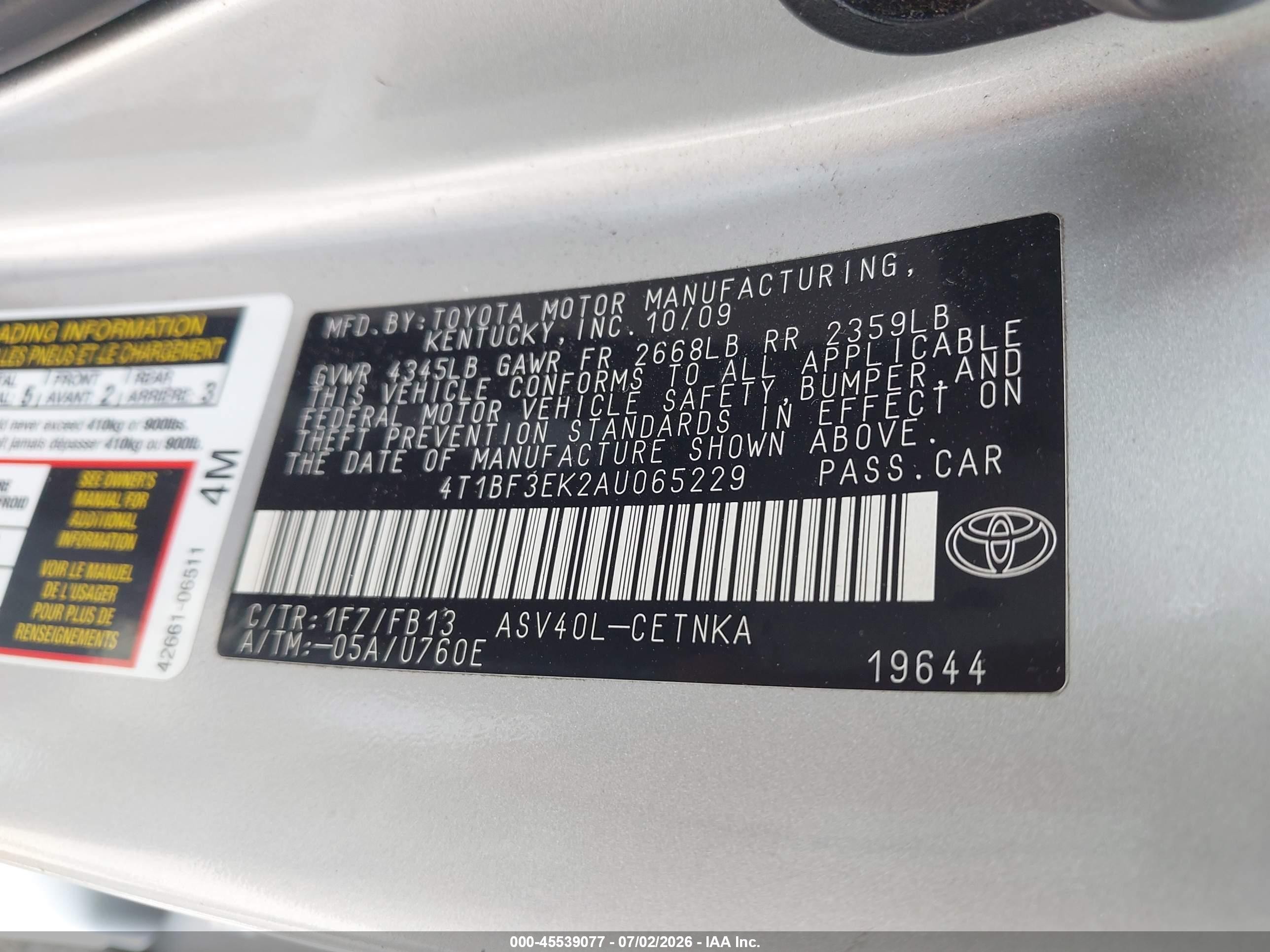 2010 Toyota Camry Le Silver vin: 4T1BF3EK2AU065229