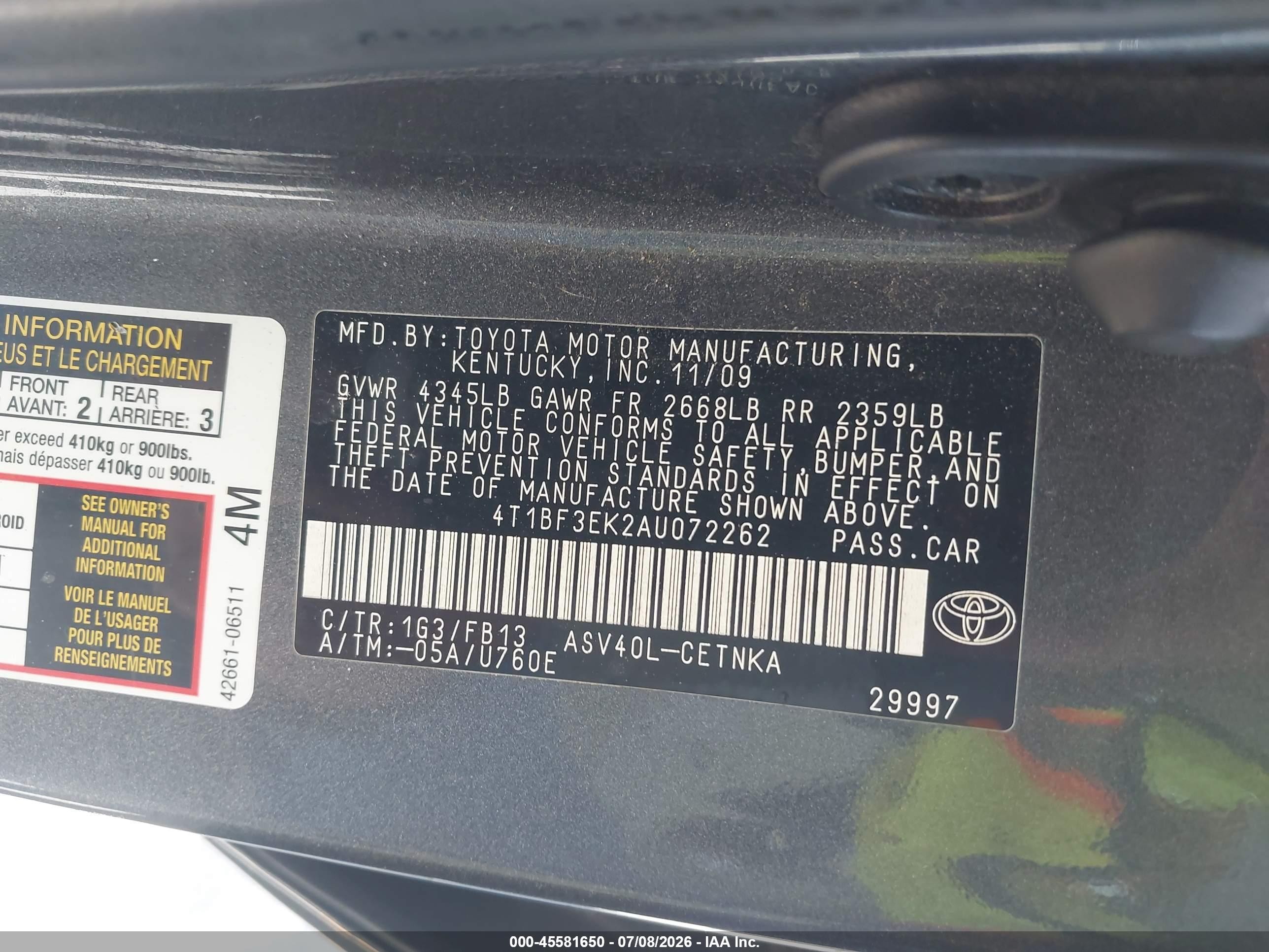 2010 Toyota Camry Le Gray vin: 4T1BF3EK2AU072262