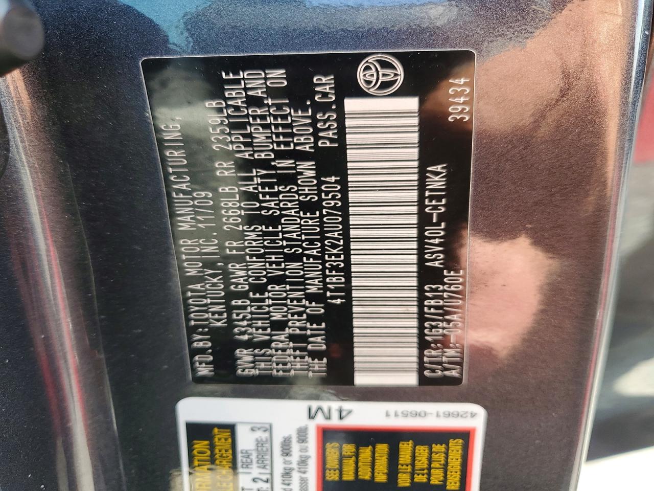 2010 Toyota Camry Le Угольный vin: 4T1BF3EK2AU079504