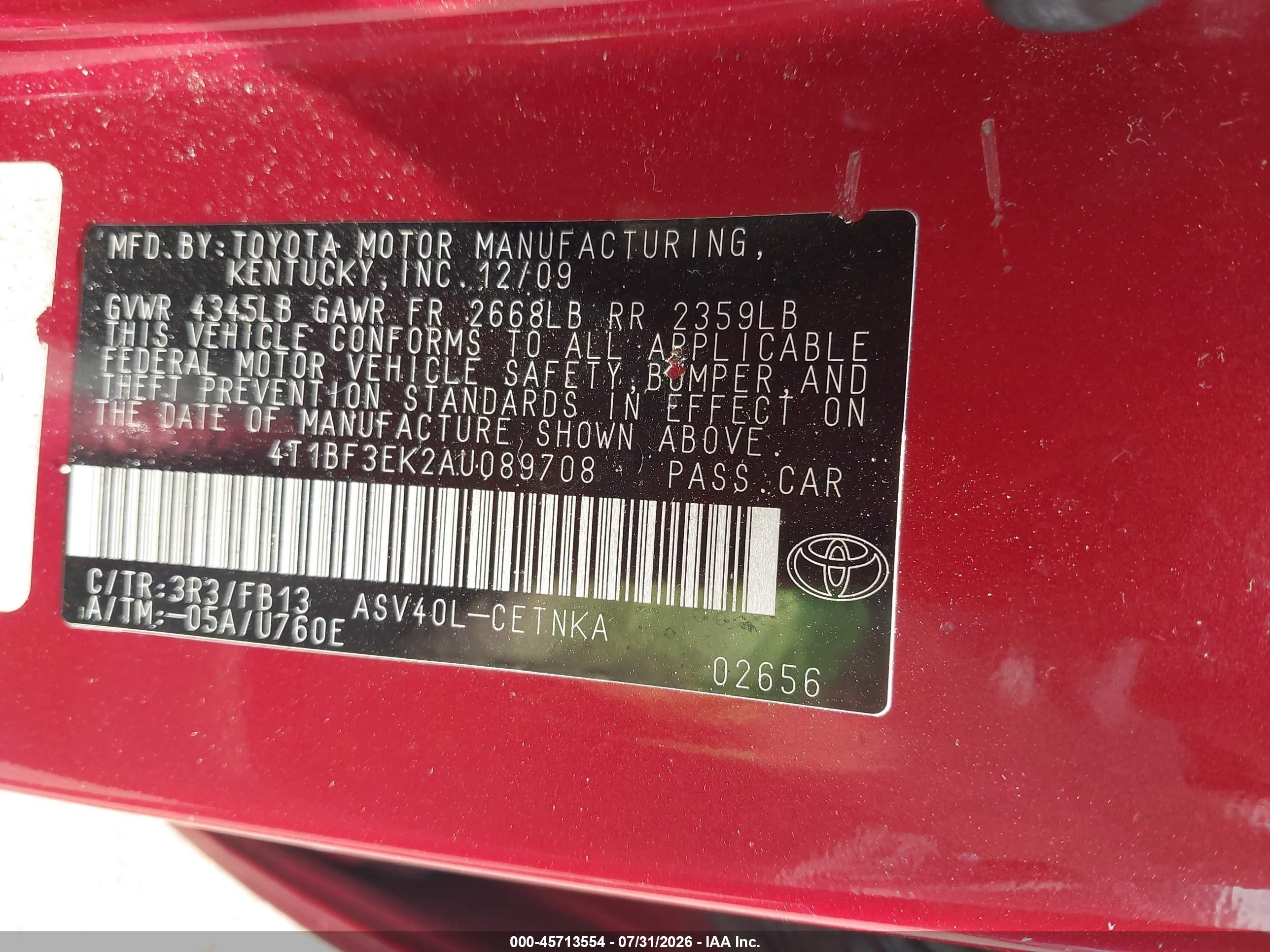 2010 Toyota Camry Le Red vin: 4T1BF3EK2AU089708