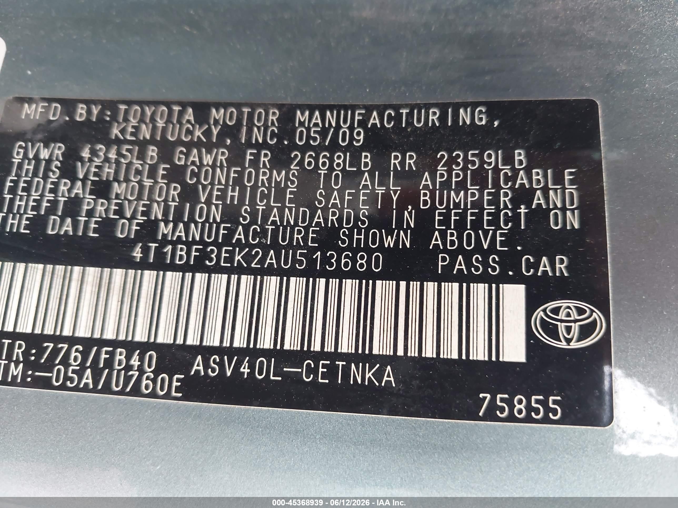 2010 Toyota Camry Le Green vin: 4T1BF3EK2AU513680