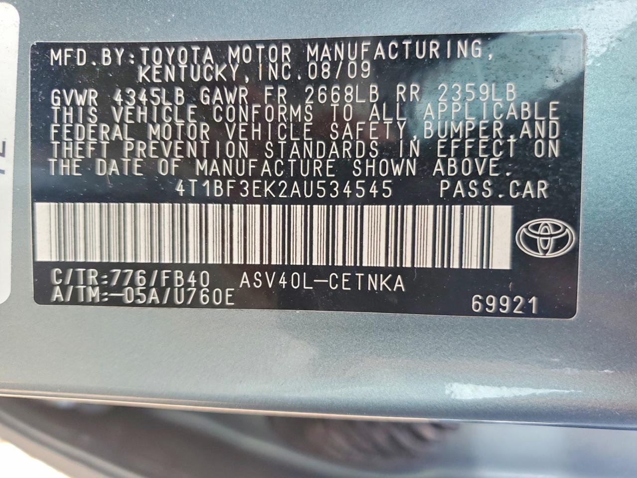 2010 Toyota Camry Le Teal vin: 4T1BF3EK2AU534545