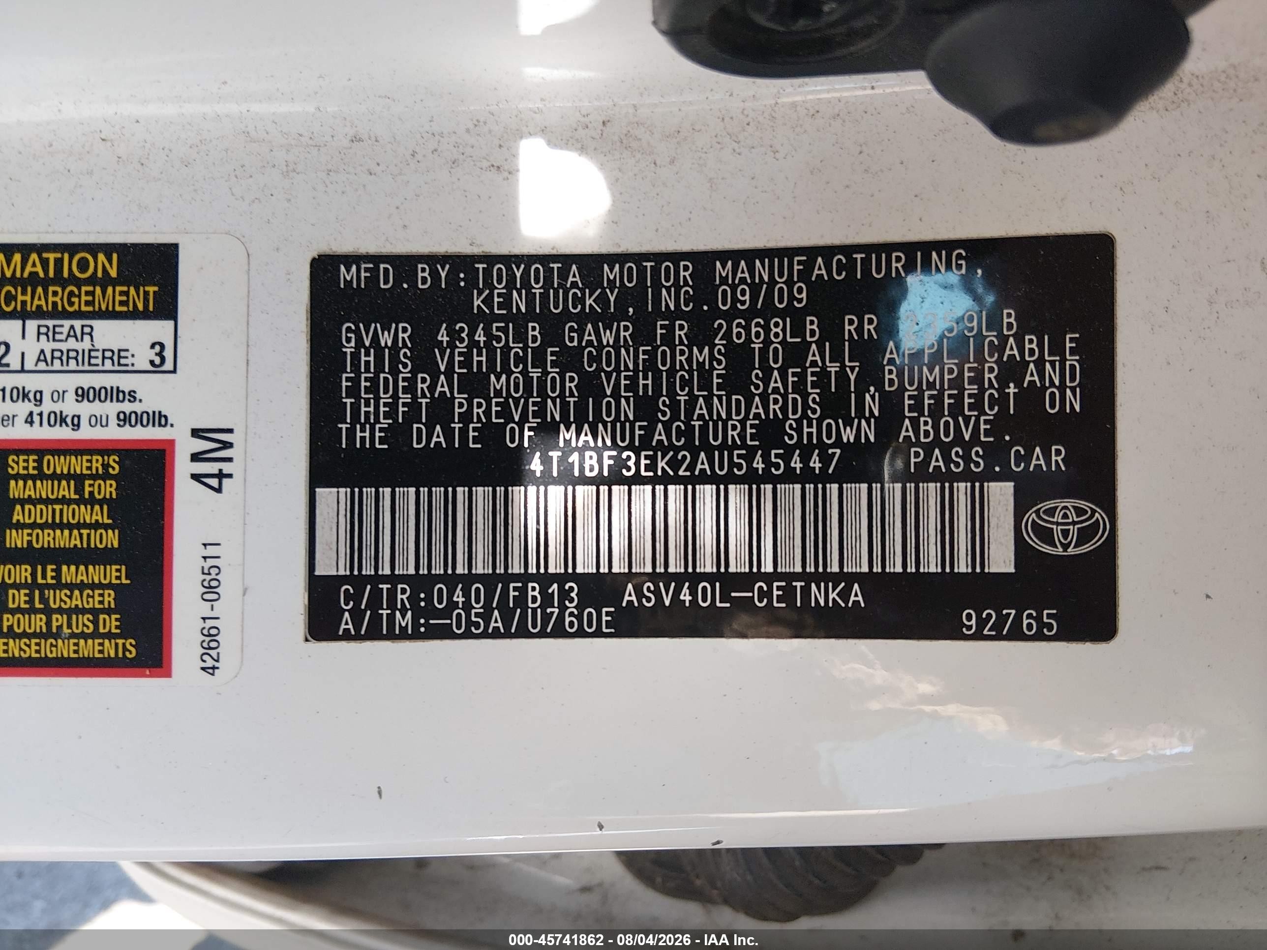 2010 Toyota Camry Le White vin: 4T1BF3EK2AU545447