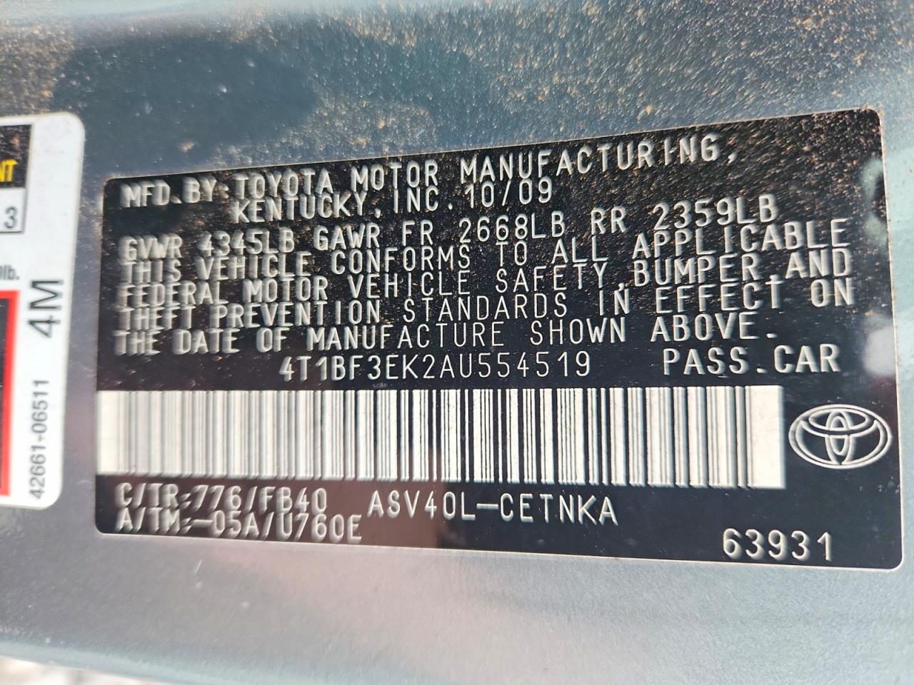 2010 Toyota Camry Le Teal vin: 4T1BF3EK2AU554519
