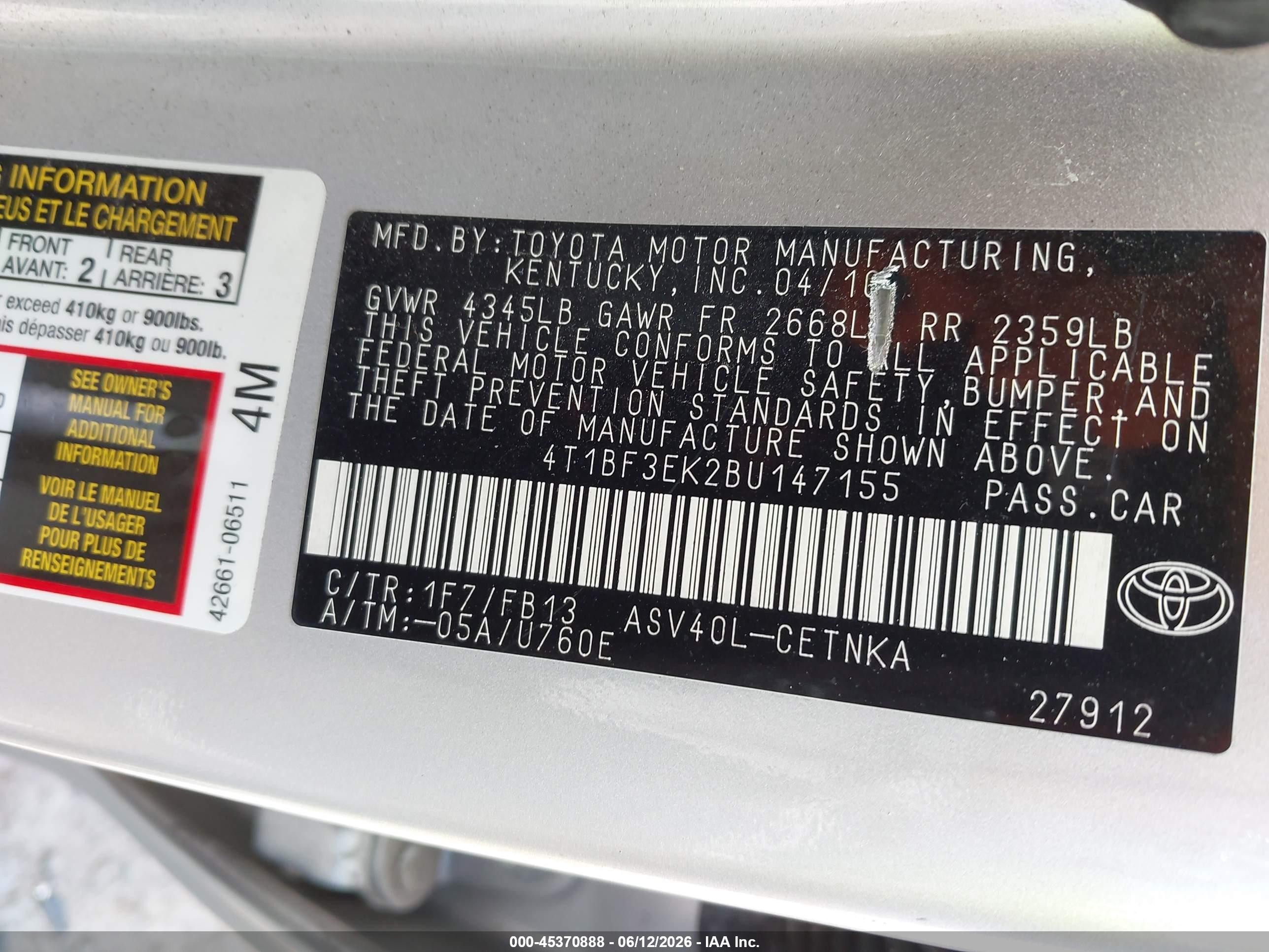 2011 Toyota Camry Le Silver vin: 4T1BF3EK2BU147155